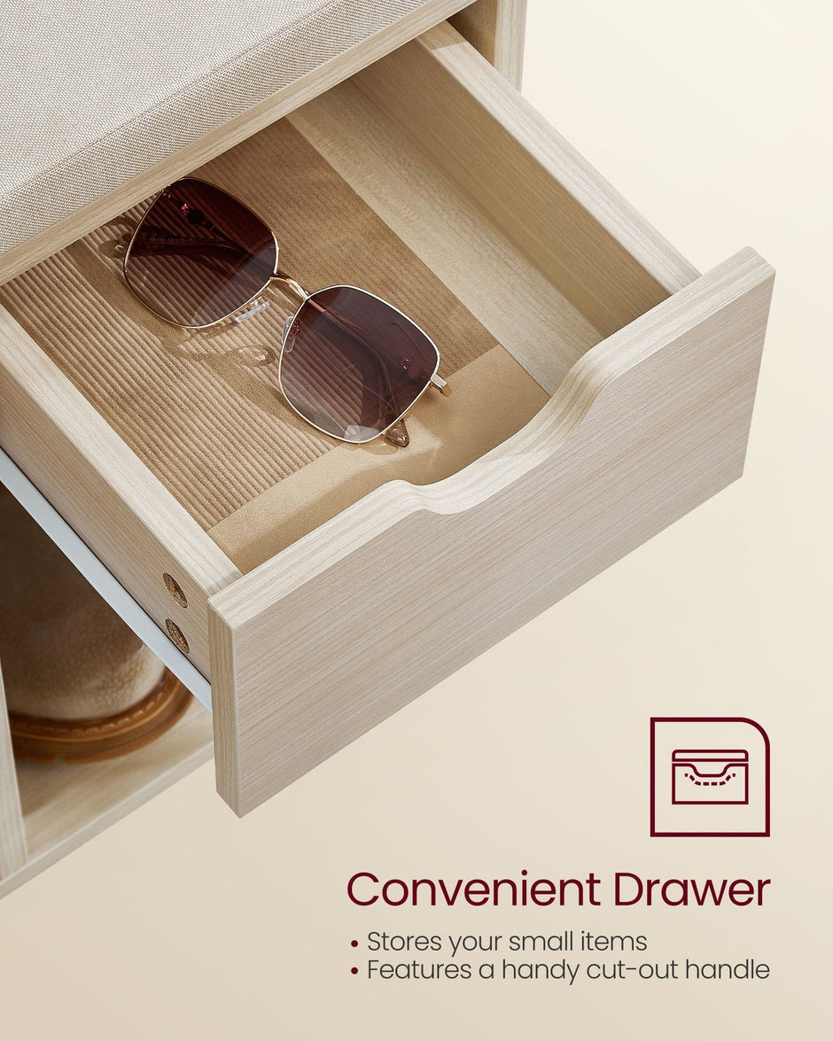 Shoe Storage Bench – Wood – White – Padded Seat with Drawer and Open Compartments