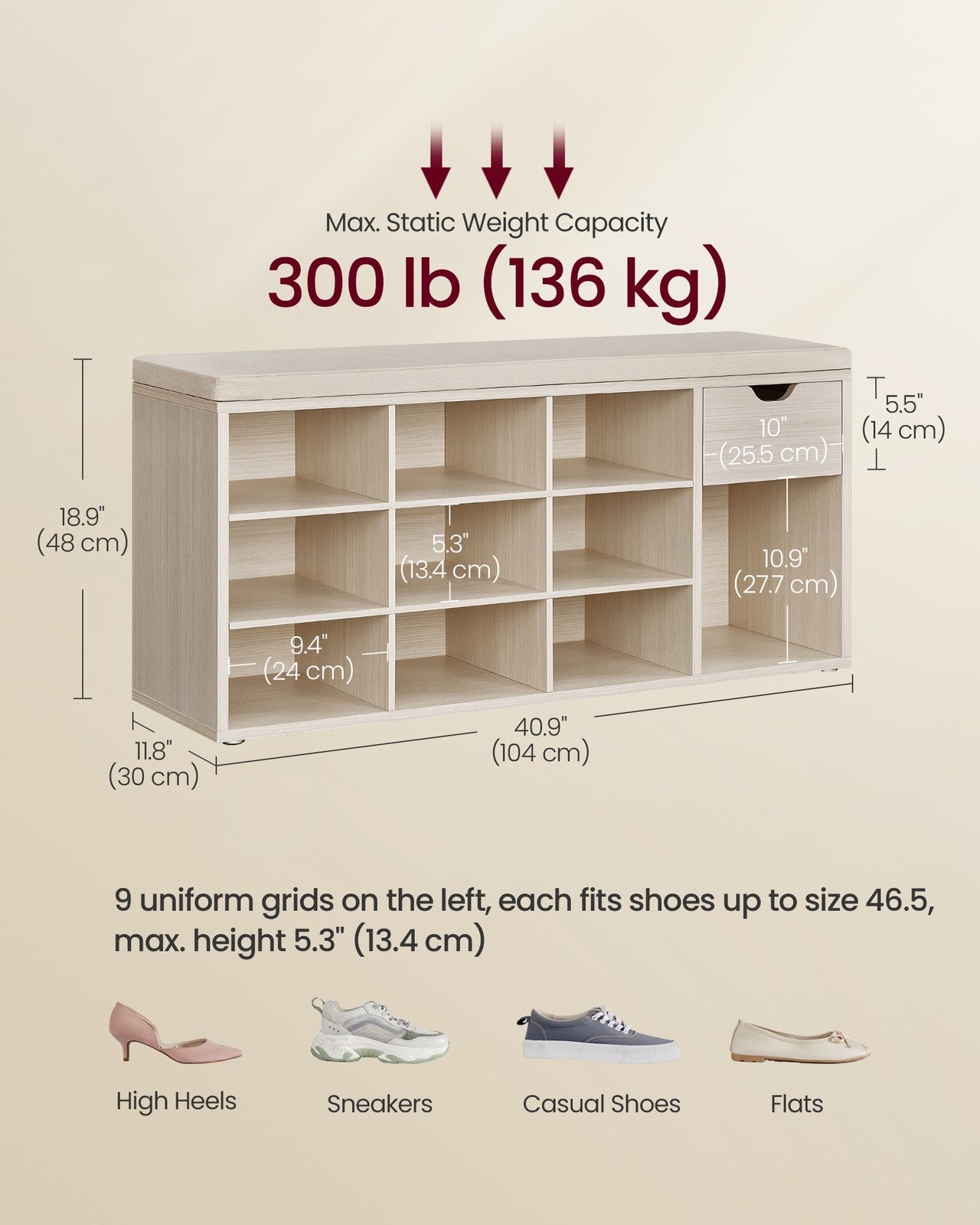 Shoe Storage Bench – Wood – White – Padded Seat with Drawer and Open Compartments