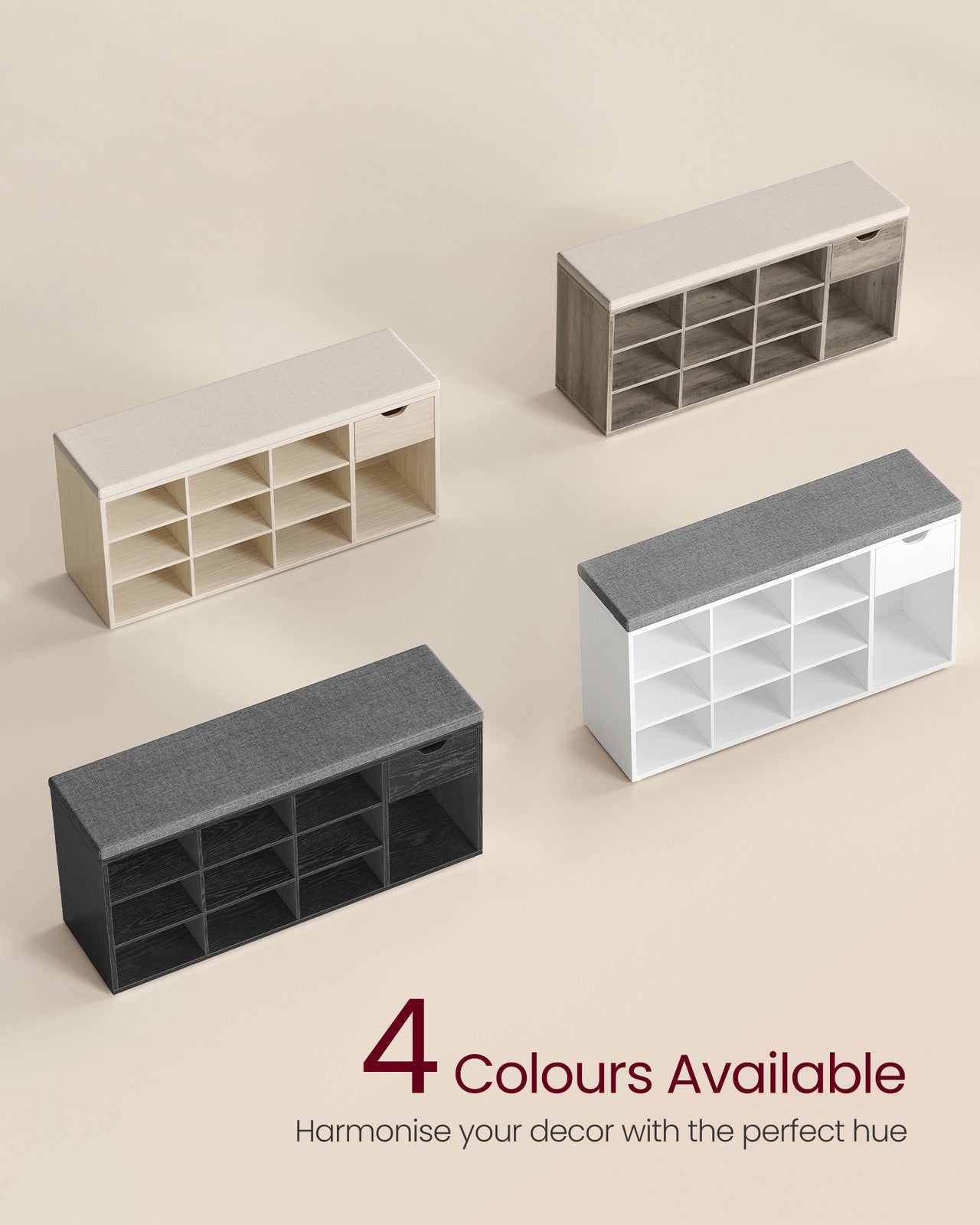 Shoe Storage Bench – Wood – White – Padded Seat with Drawer and Open Compartments