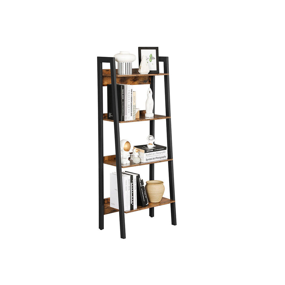 4-Tier Ladder Shelf – Metal – Rustic Brown and Black – Industrial Design, Freestanding Storage Solution