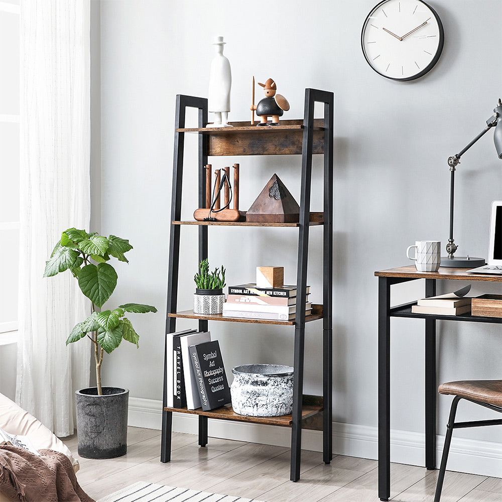 4-Tier Ladder Shelf – Metal – Rustic Brown and Black – Industrial Design, Freestanding Storage Solution
