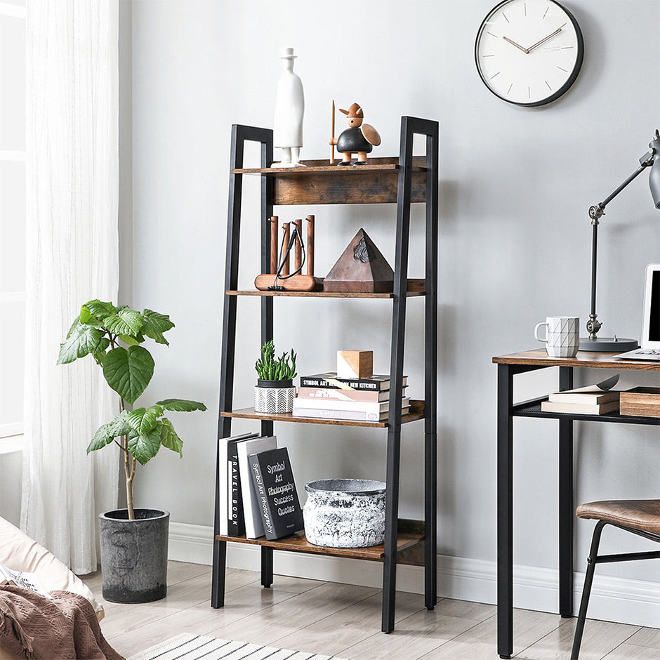 4-Tier Ladder Shelf – Metal – Rustic Brown and Black – Industrial Design, Freestanding Storage Solution