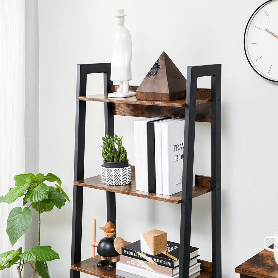 4-Tier Ladder Shelf – Metal – Rustic Brown and Black – Industrial Design, Freestanding Storage Solution