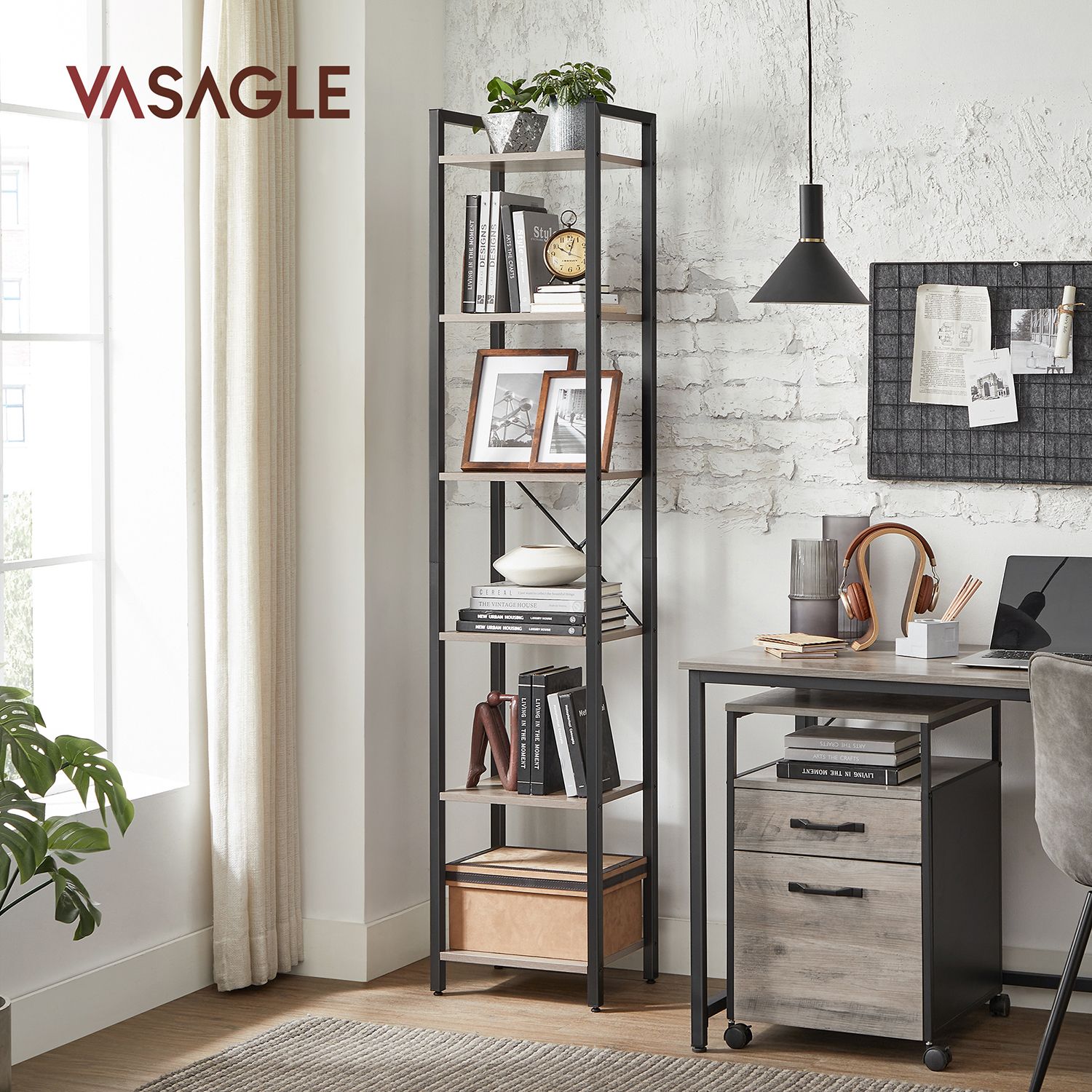 6-Tier Bookshelf – Wood and Metal – Rustic Brown and Black – Industrial Open Storage Design