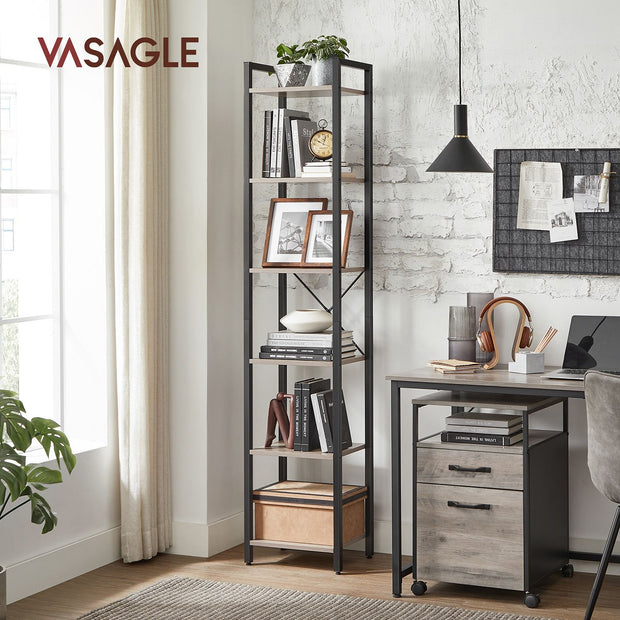 6-Tier Bookshelf – Wood and Metal – Rustic Brown and Black – Industrial Open Storage Design