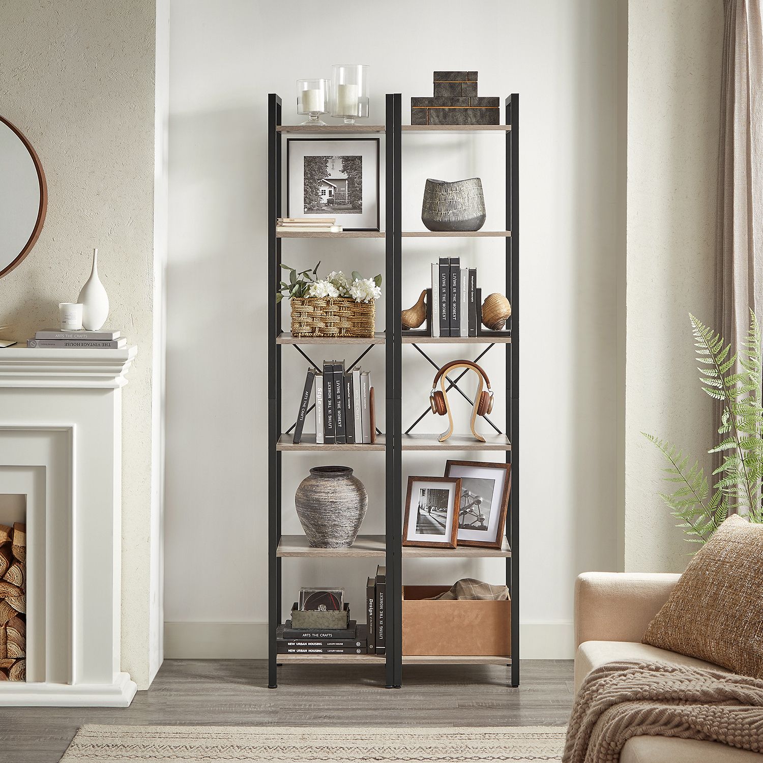 6-Tier Bookshelf – Wood and Metal – Rustic Brown and Black – Industrial Open Storage Design
