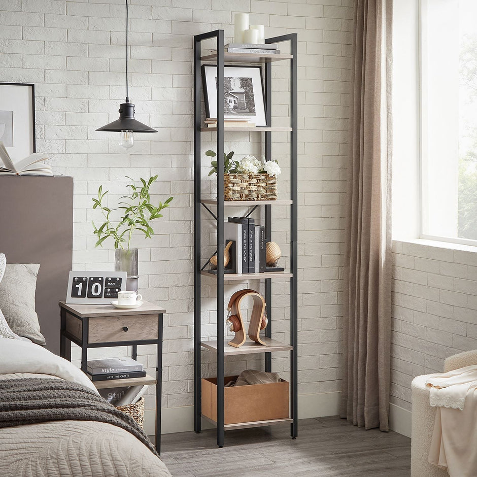 6-Tier Bookshelf – Wood and Metal – Rustic Brown and Black – Industrial Open Storage Design
