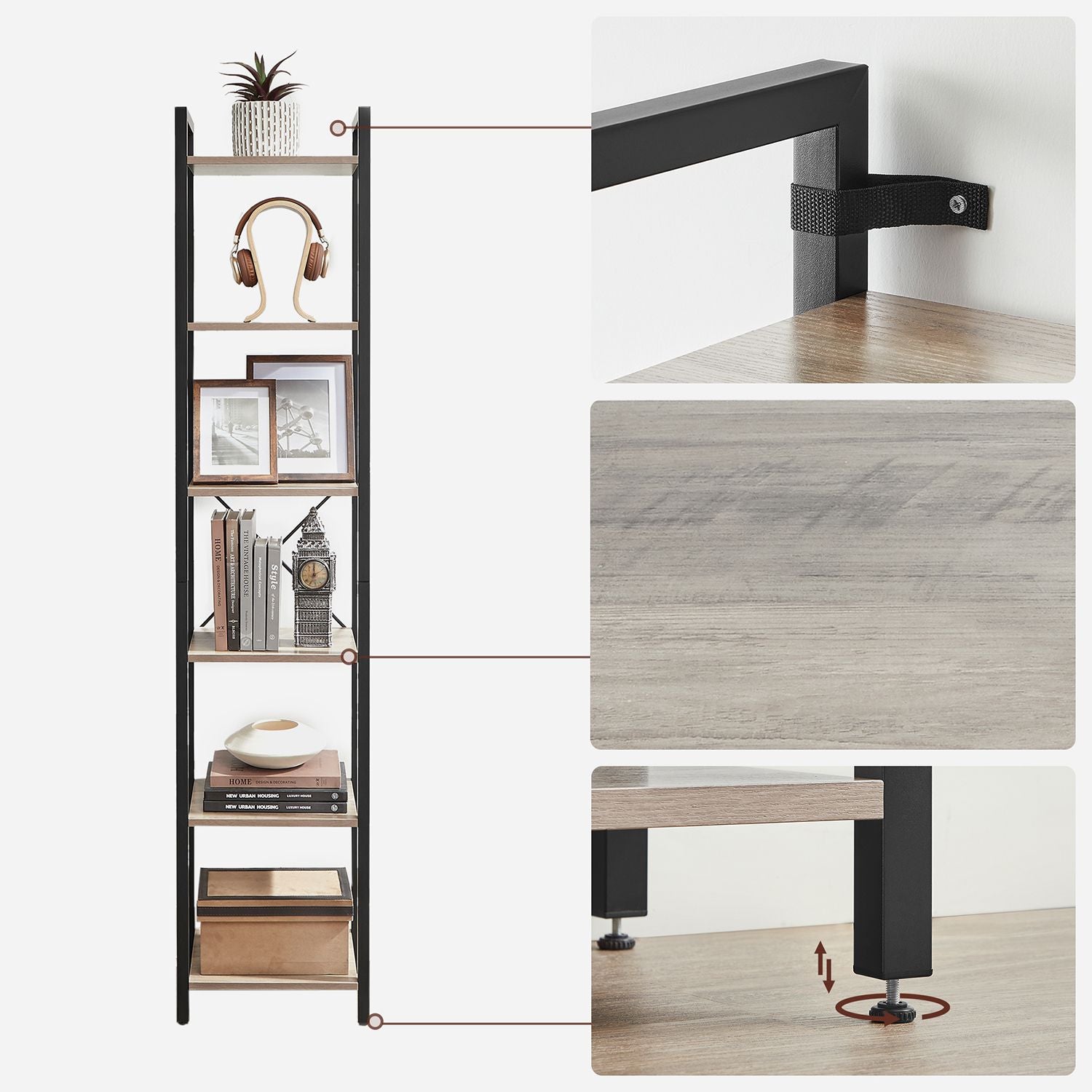 6-Tier Bookshelf – Wood and Metal – Rustic Brown and Black – Industrial Open Storage Design