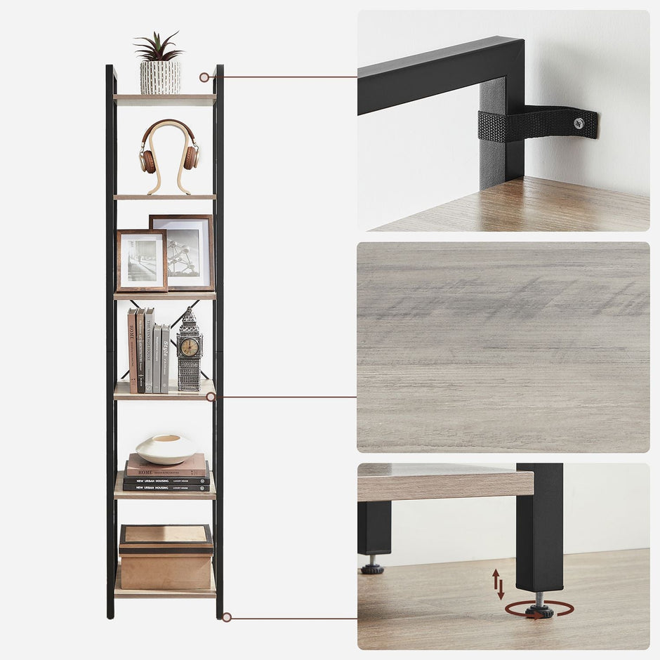 6-Tier Bookshelf – Wood and Metal – Rustic Brown and Black – Industrial Open Storage Design