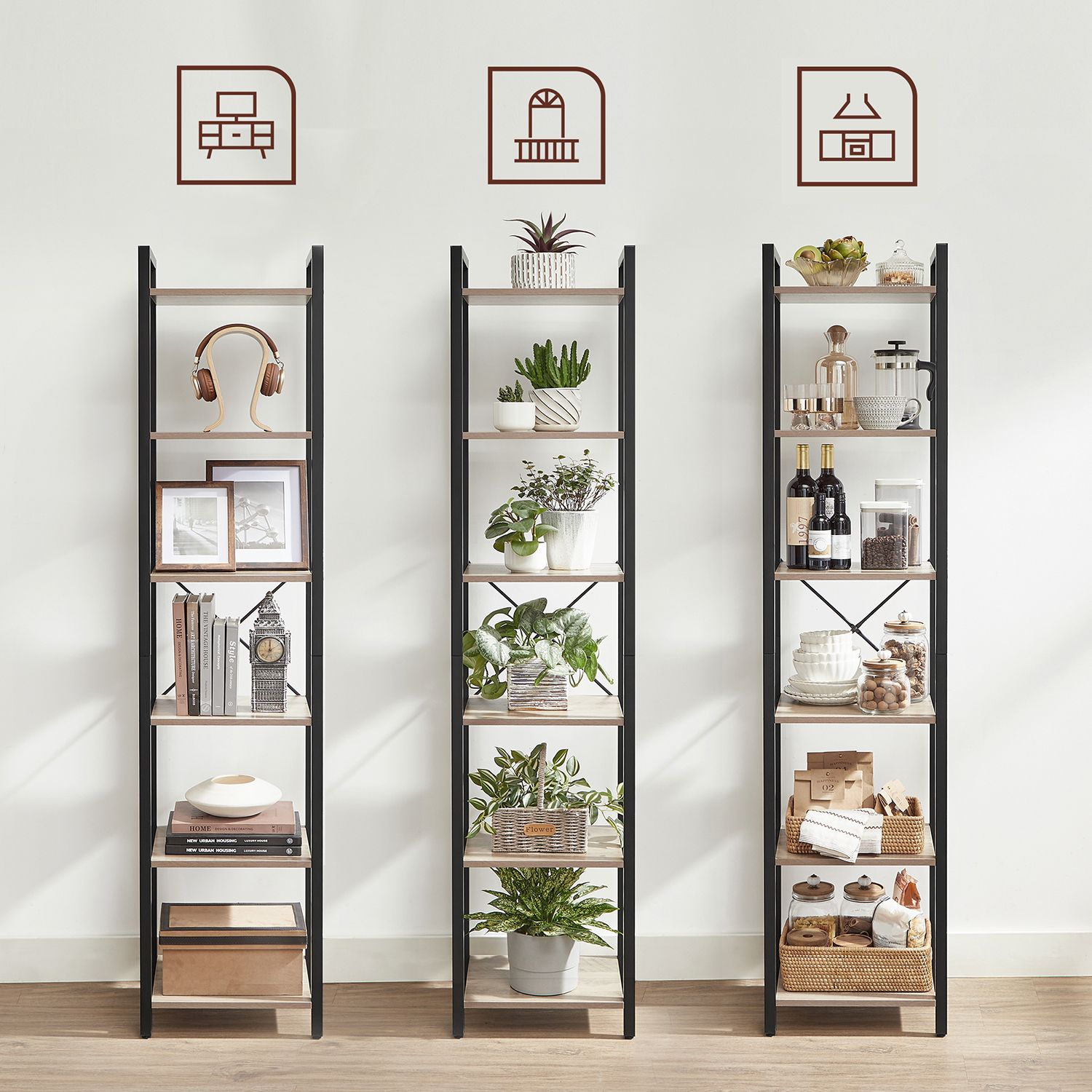 6-Tier Bookshelf – Wood and Metal – Rustic Brown and Black – Industrial Open Storage Design