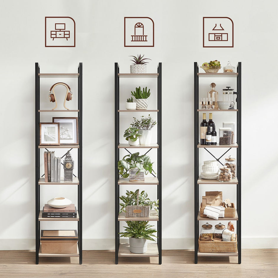 6-Tier Bookshelf – Wood and Metal – Rustic Brown and Black – Industrial Open Storage Design