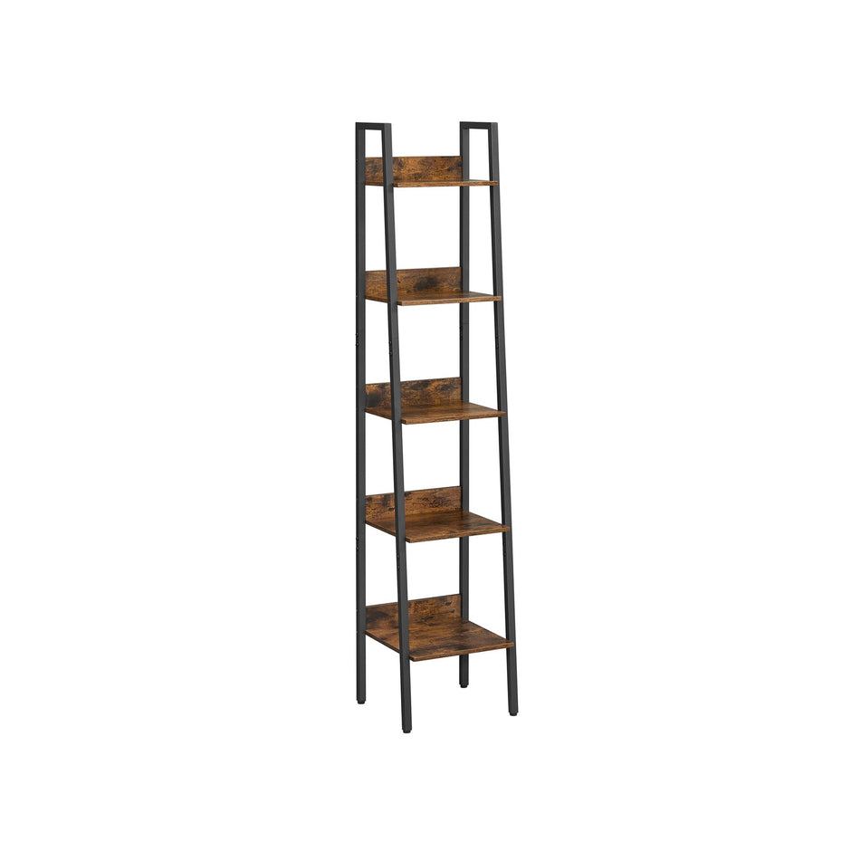 5-Tier Narrow Storage Shelf – Steel Frame – Rustic Brown and Black – Freestanding Industrial Design
