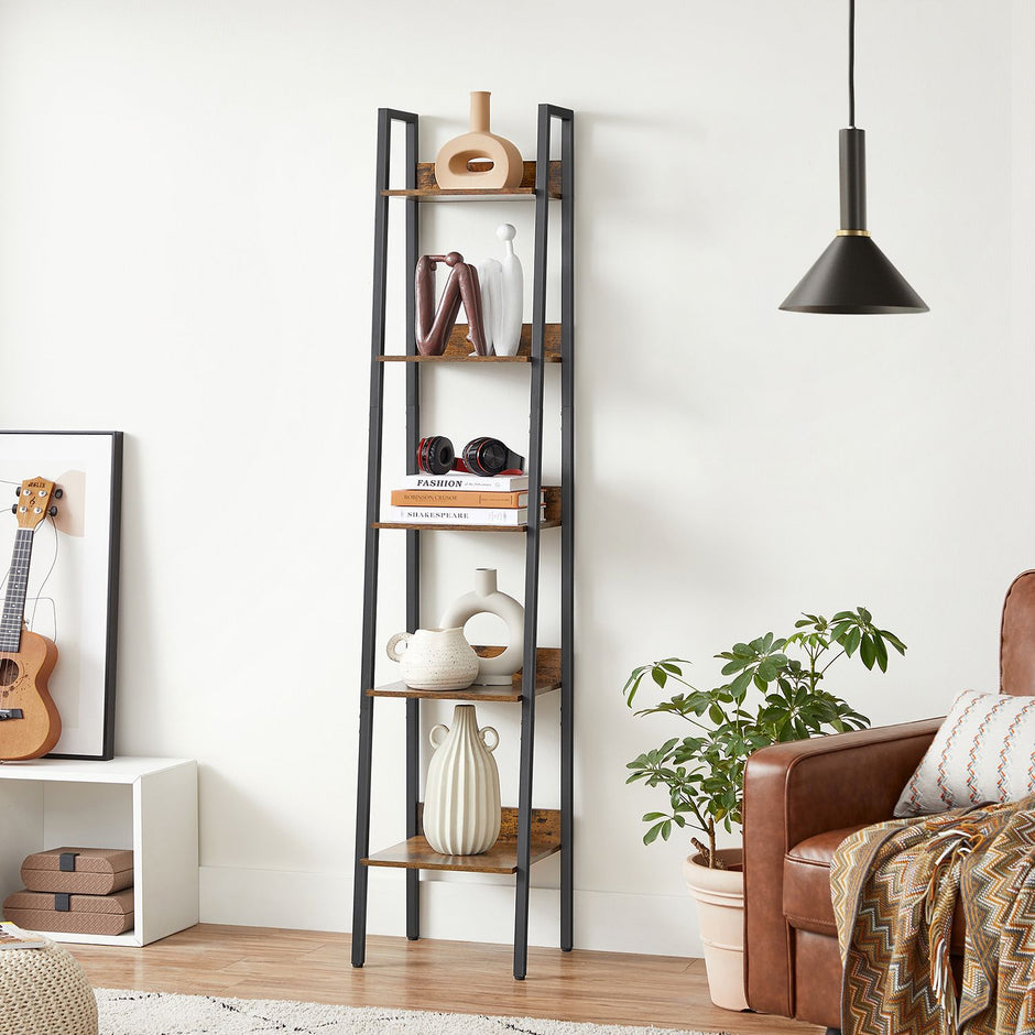 5-Tier Narrow Storage Shelf – Steel Frame – Rustic Brown and Black – Freestanding Industrial Design