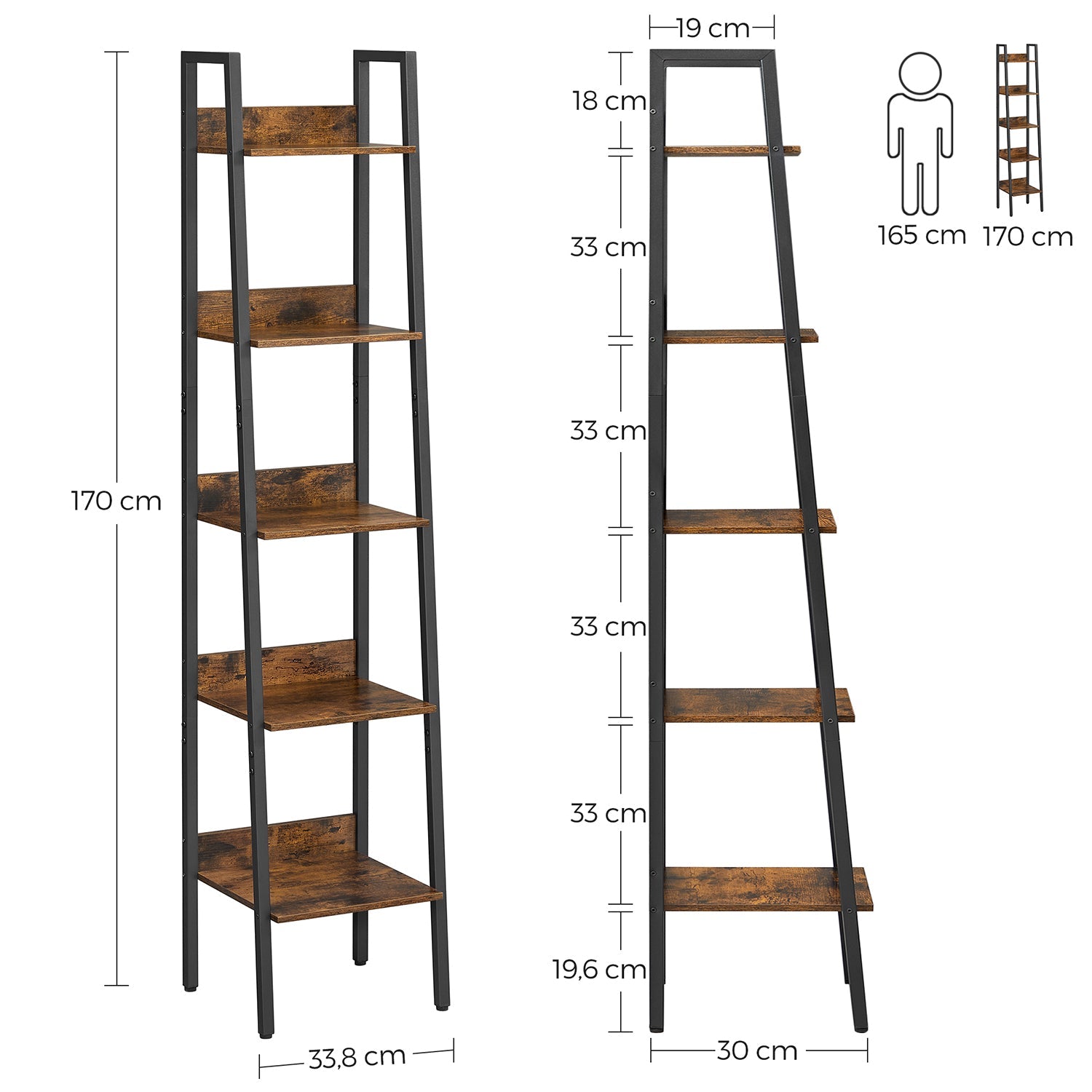 5-Tier Narrow Storage Shelf – Steel Frame – Rustic Brown and Black – Freestanding Industrial Design