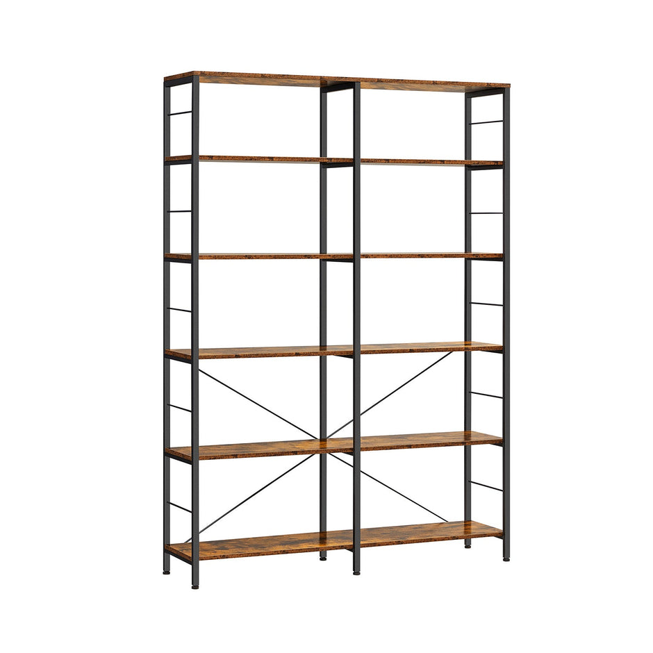 6-Tier Bookshelf – Engineered Wood – Rustic Brown and Black – Industrial Style Room Divider