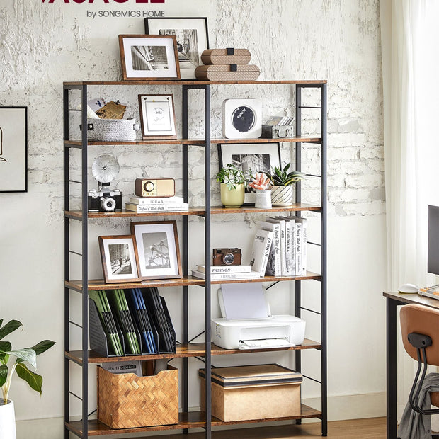 6-Tier Bookshelf – Engineered Wood – Rustic Brown and Black – Industrial Style Room Divider