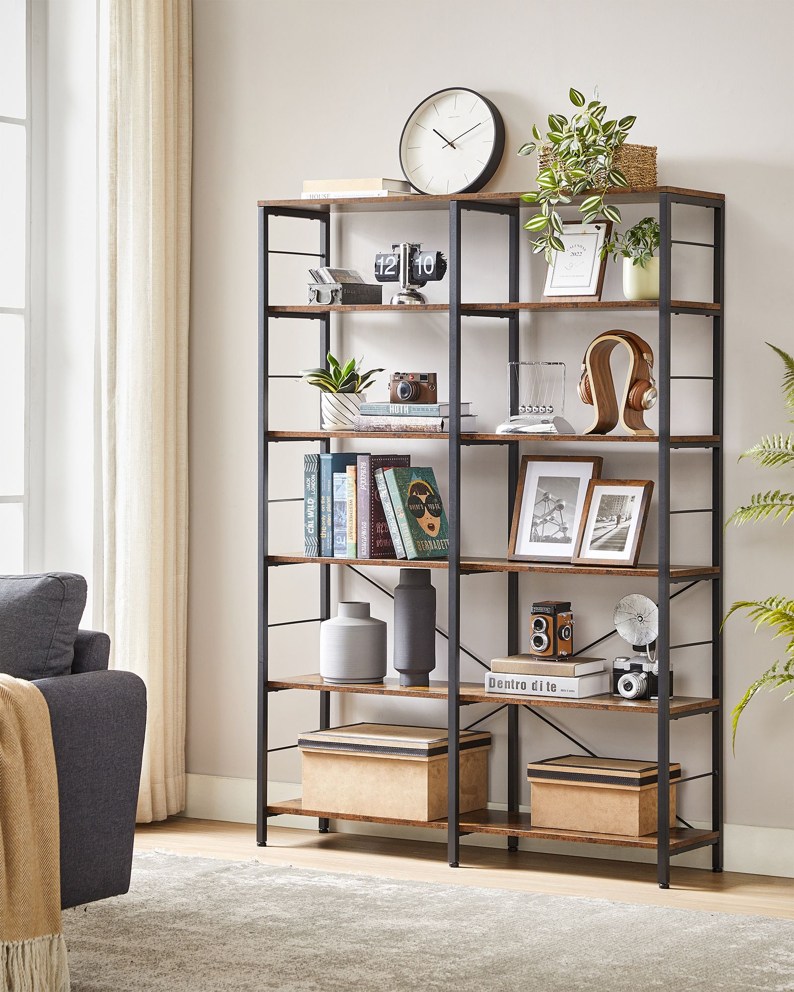 6-Tier Bookshelf – Engineered Wood – Rustic Brown and Black – Industrial Style Room Divider