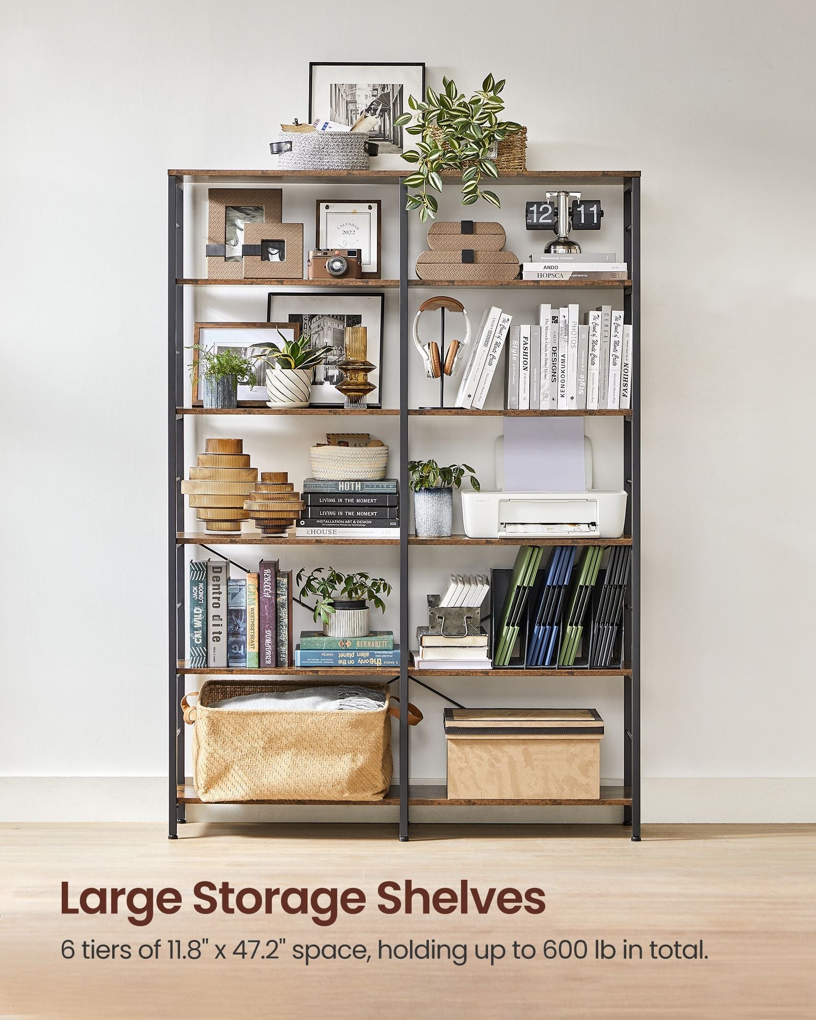 6-Tier Bookshelf – Engineered Wood – Rustic Brown and Black – Industrial Style Room Divider