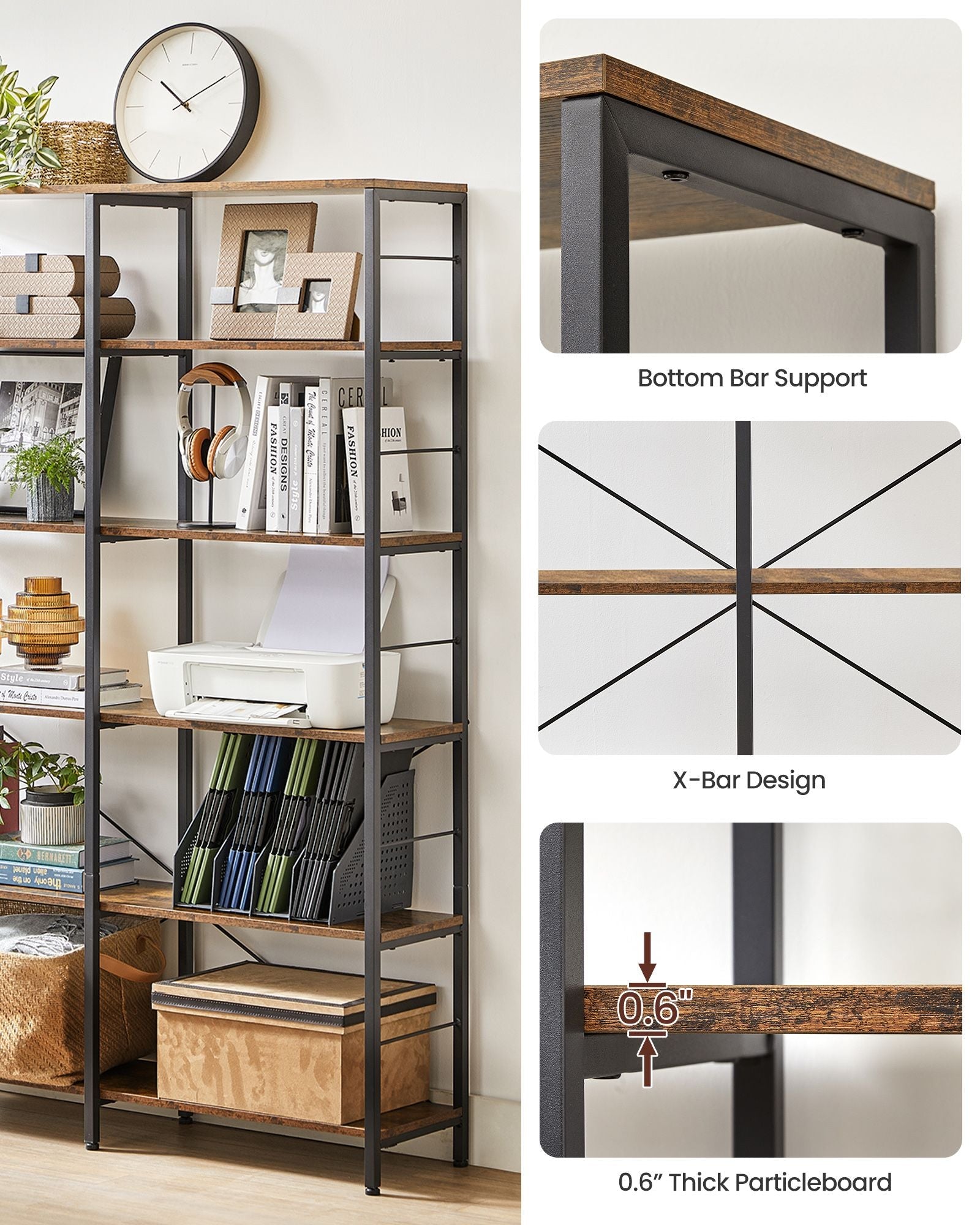 6-Tier Bookshelf – Engineered Wood – Rustic Brown and Black – Industrial Style Room Divider