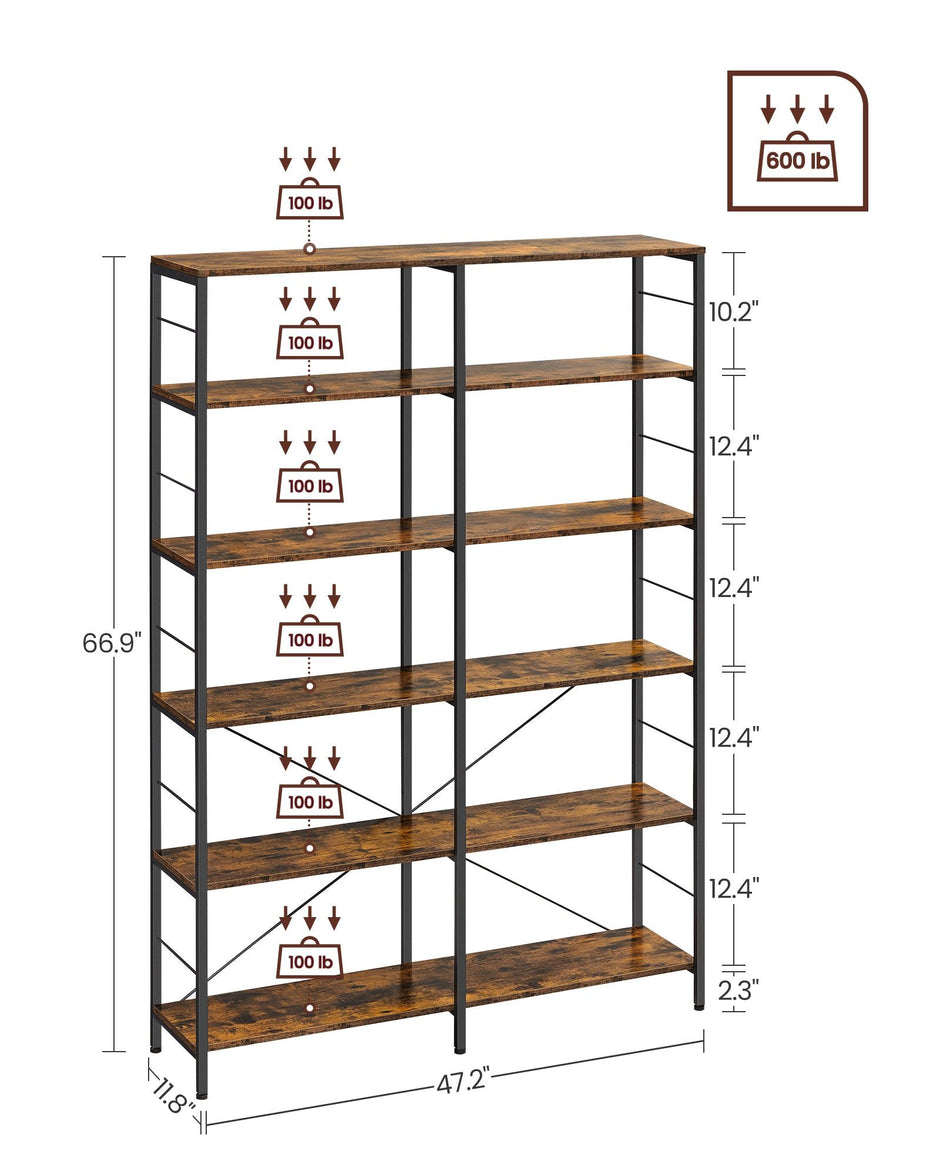 6-Tier Bookshelf – Engineered Wood – Rustic Brown and Black – Industrial Style Room Divider