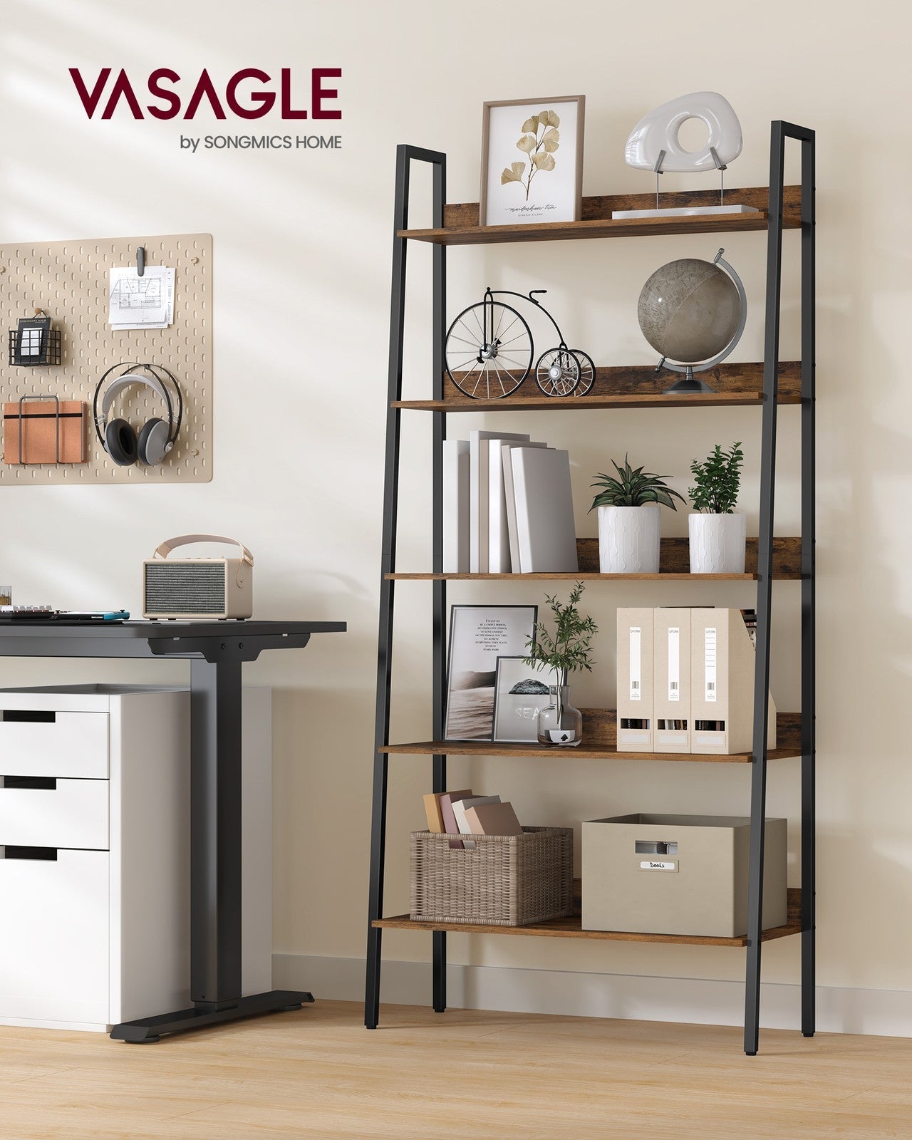 5-Tier Ladder Shelf – Metal – Rustic Brown and Ink Black – Freestanding Industrial Design