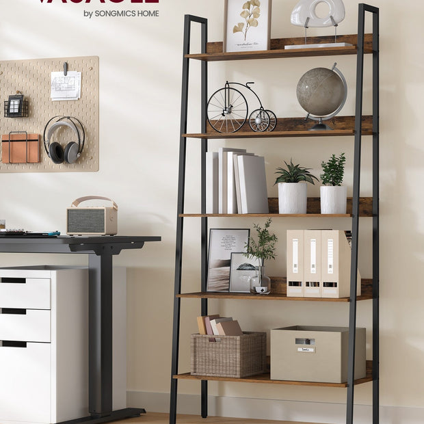 5-Tier Ladder Shelf – Metal – Rustic Brown and Ink Black – Freestanding Industrial Design