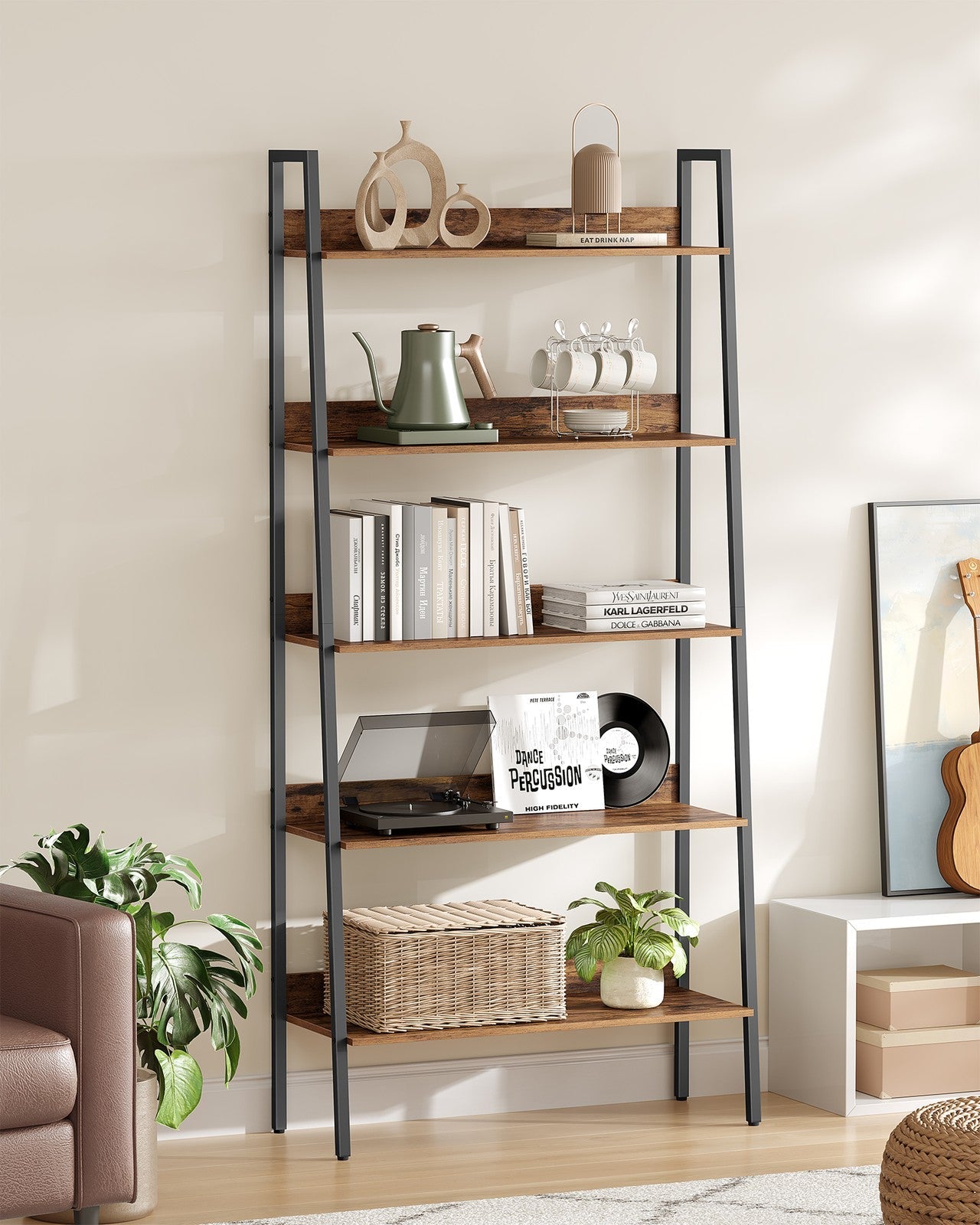 5-Tier Ladder Shelf – Metal – Rustic Brown and Ink Black – Freestanding Industrial Design
