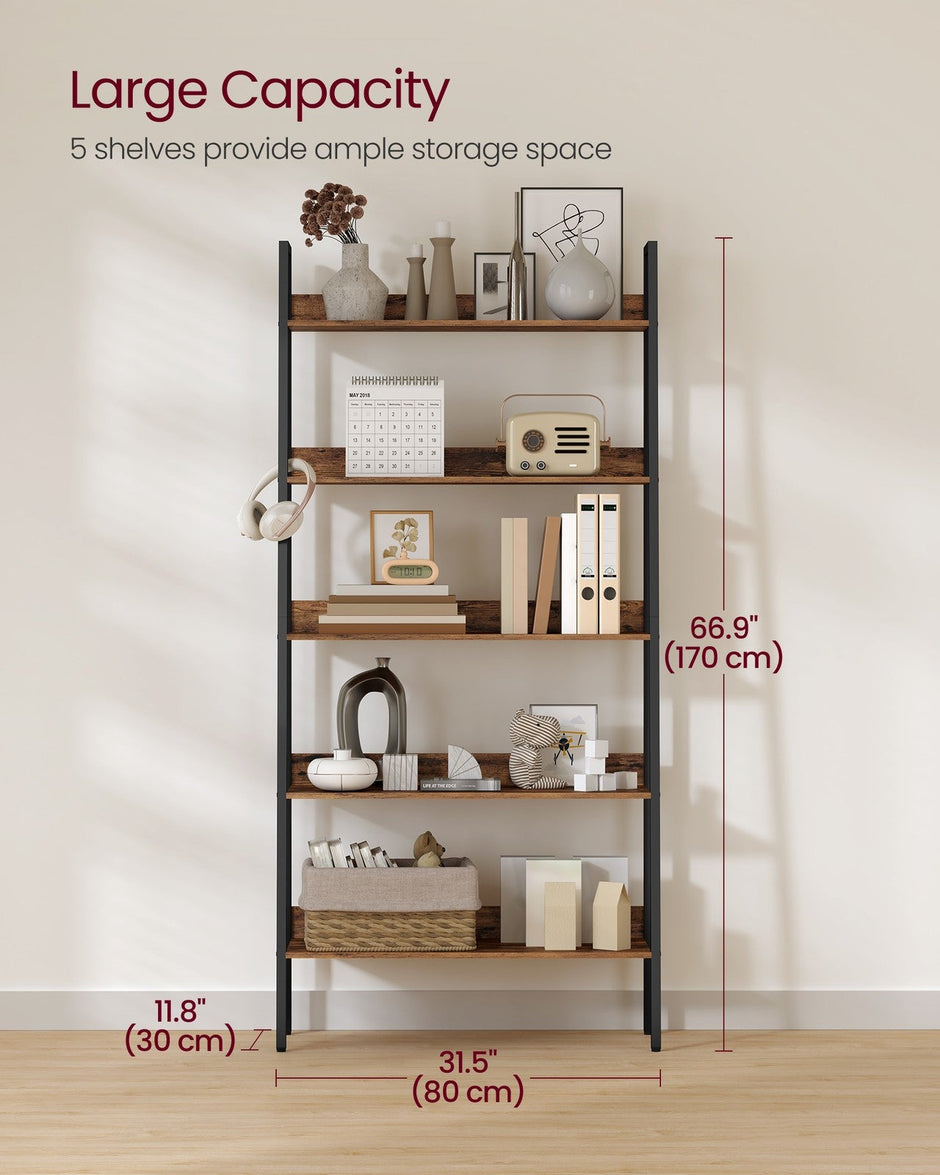 5-Tier Ladder Shelf – Metal – Rustic Brown and Ink Black – Freestanding Industrial Design