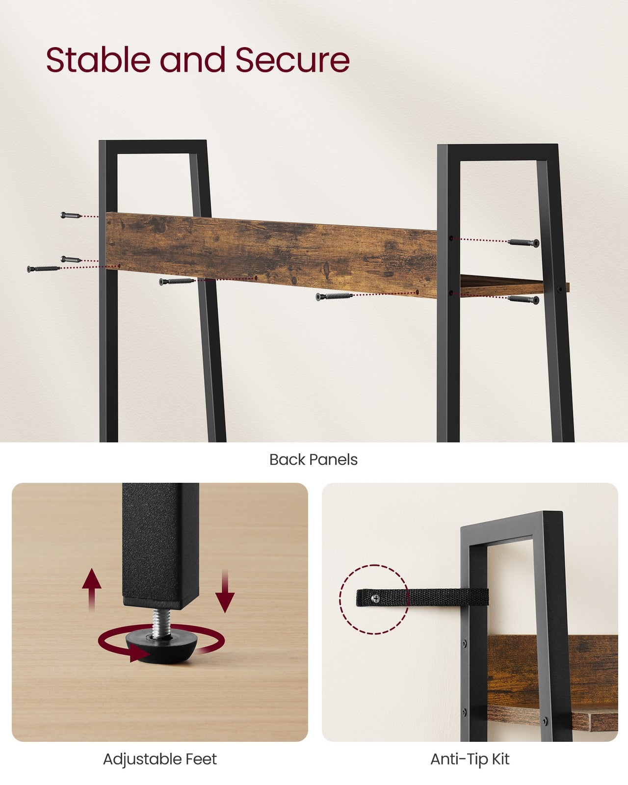 5-Tier Ladder Shelf – Metal – Rustic Brown and Ink Black – Freestanding Industrial Design