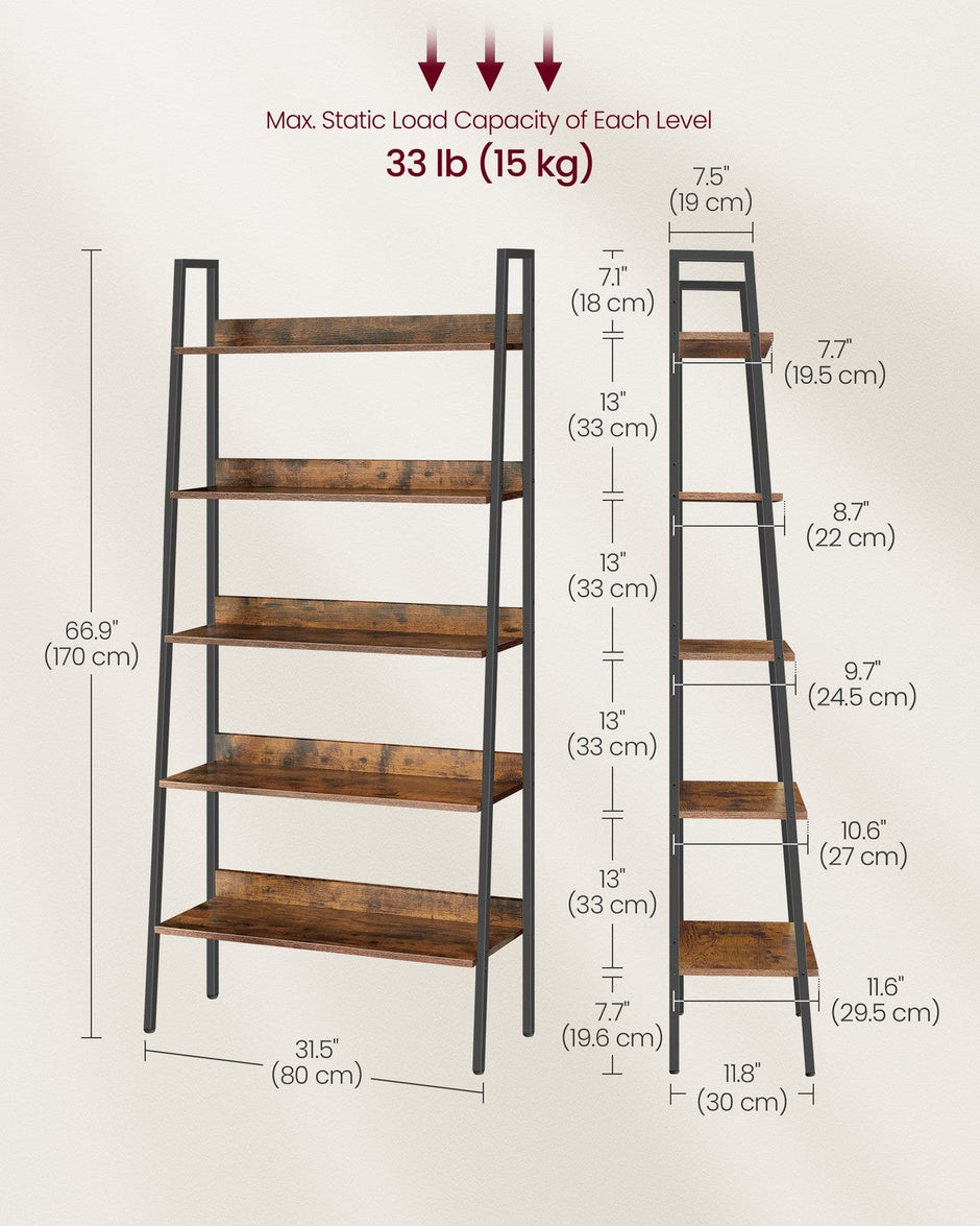 5-Tier Ladder Shelf – Metal – Rustic Brown and Ink Black – Freestanding Industrial Design