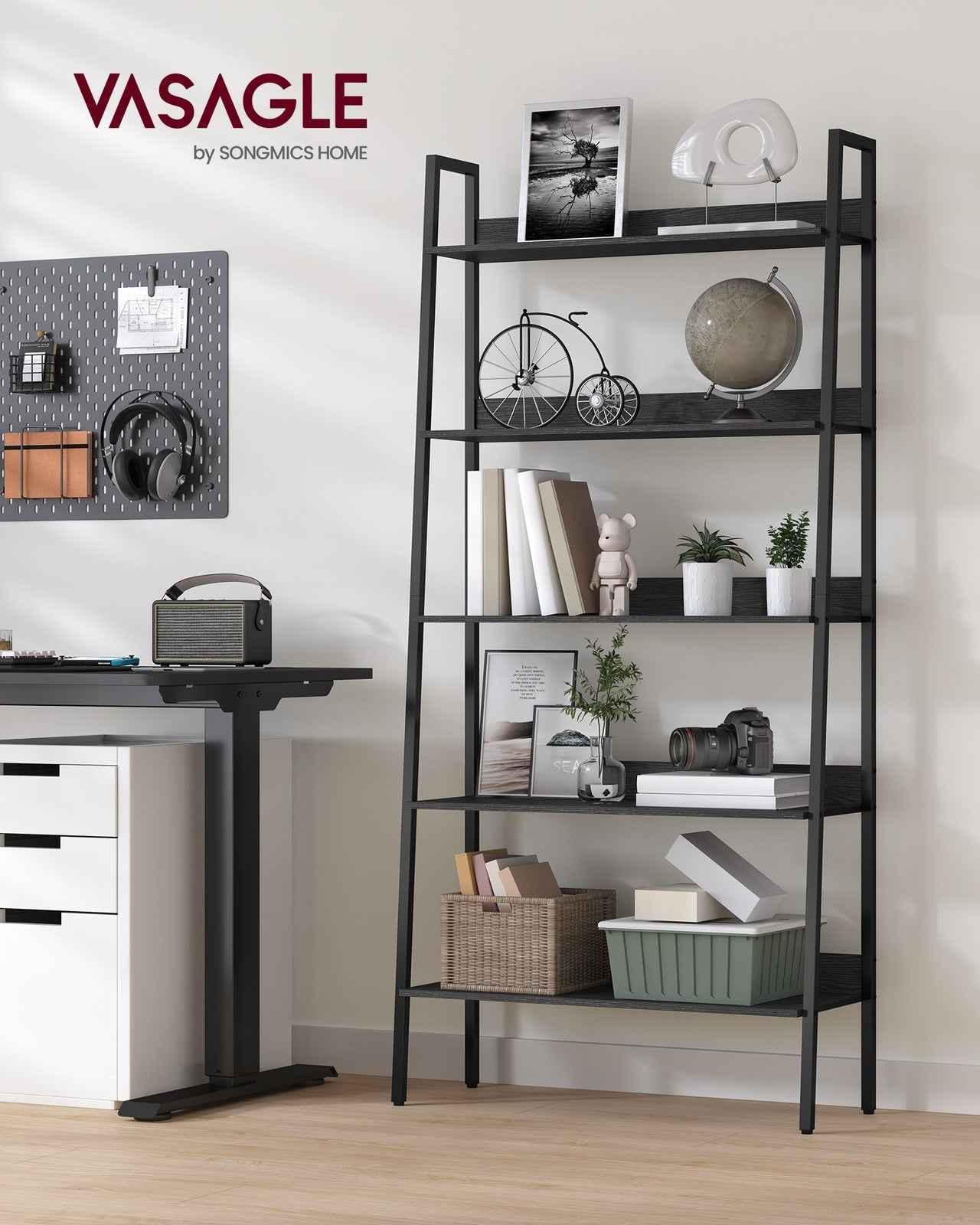 5-Tier Ladder Shelf – Metal – Ebony Black and Ink Black – Freestanding Design for Home and Office