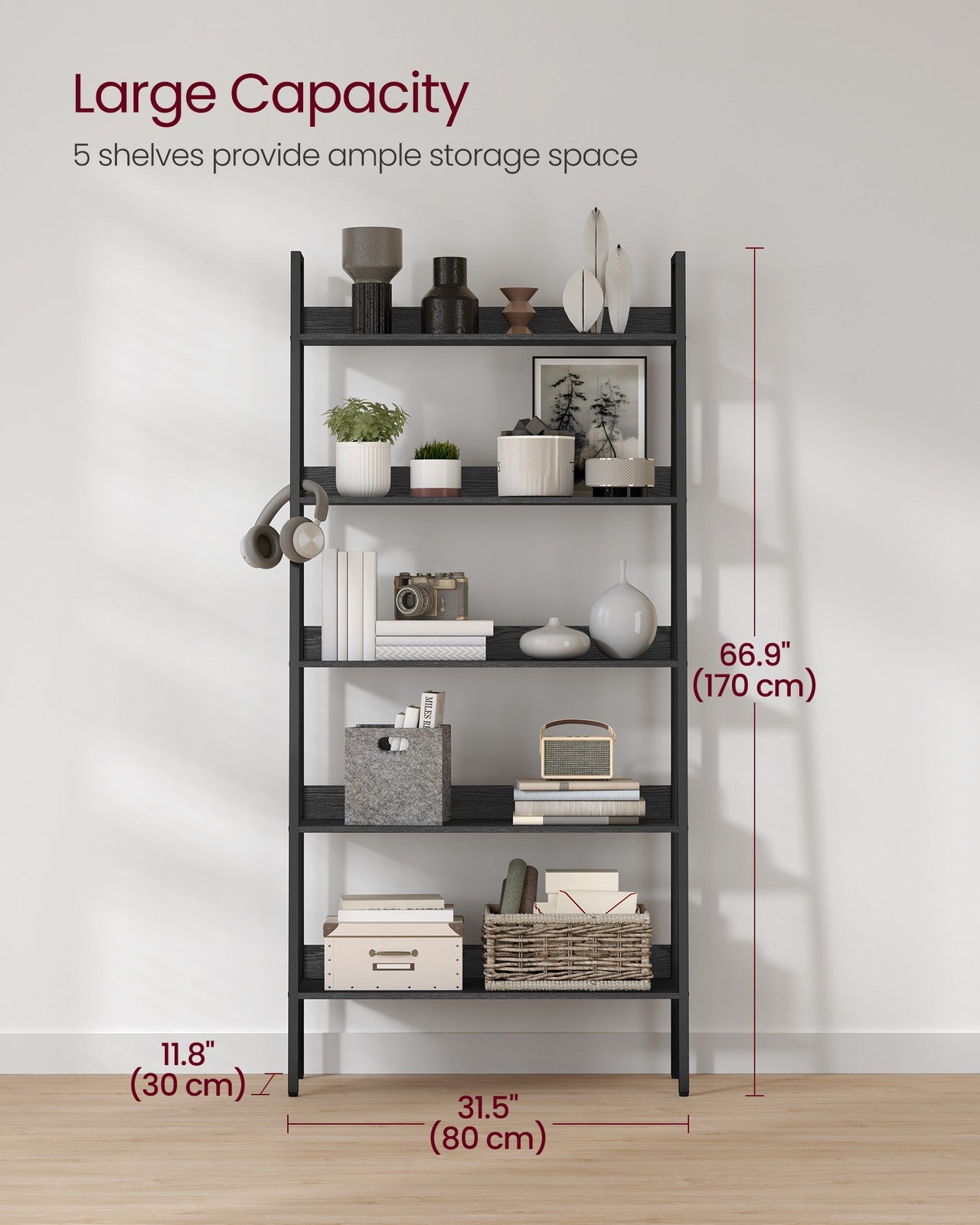 5-Tier Ladder Shelf – Metal – Ebony Black and Ink Black – Freestanding Design for Home and Office