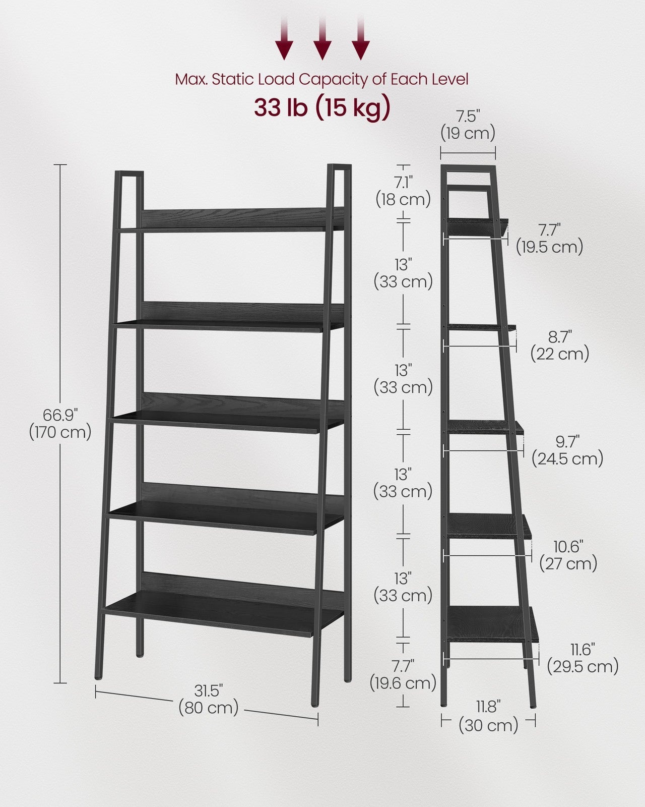 5-Tier Ladder Shelf – Metal – Ebony Black and Ink Black – Freestanding Design for Home and Office