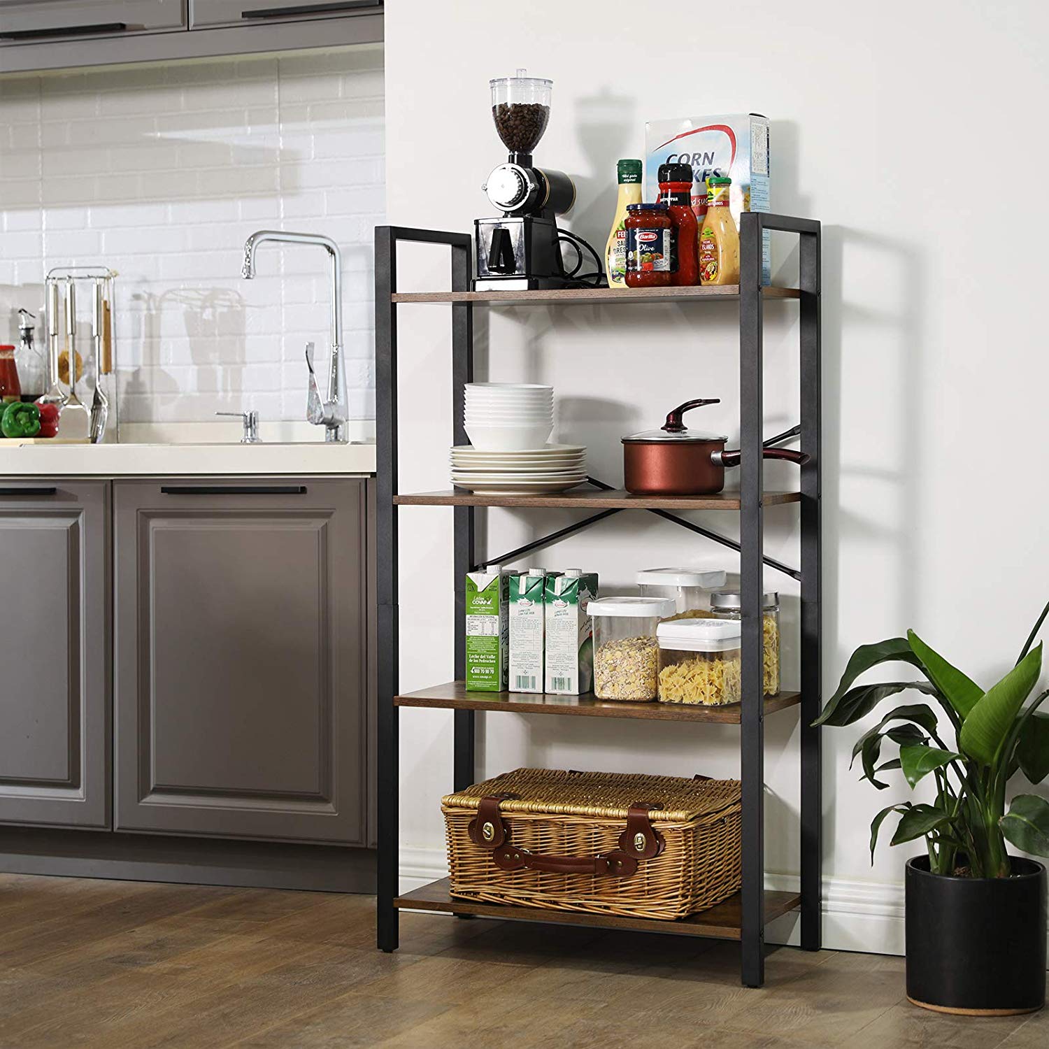 Bookcase – Iron – Rustic Brown – 4-Tier Industrial Ladder Shelf