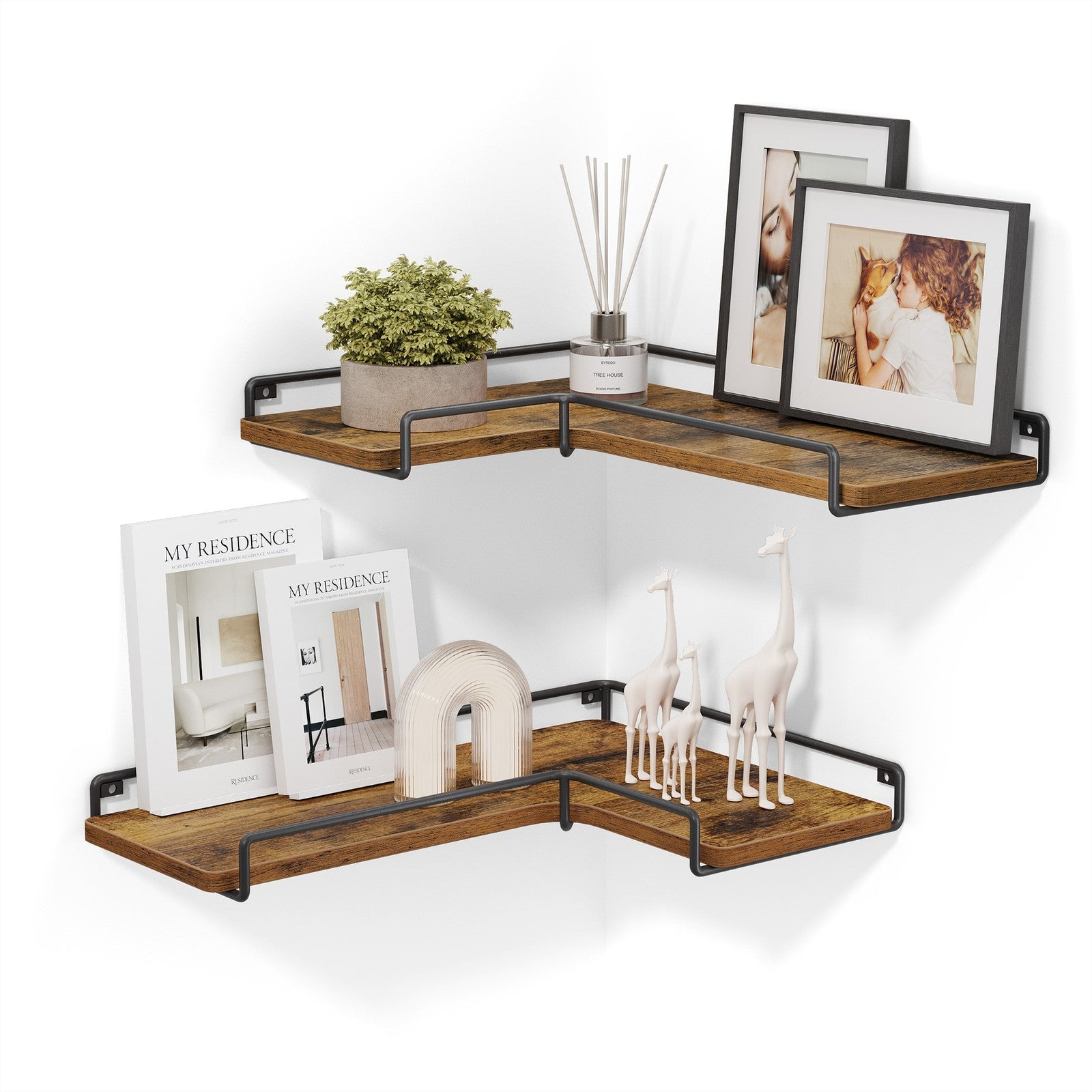 Industrial Floating Corner Shelves – Wood and Metal – Rustic Brown and Black – Space-Saving L-Shaped Design