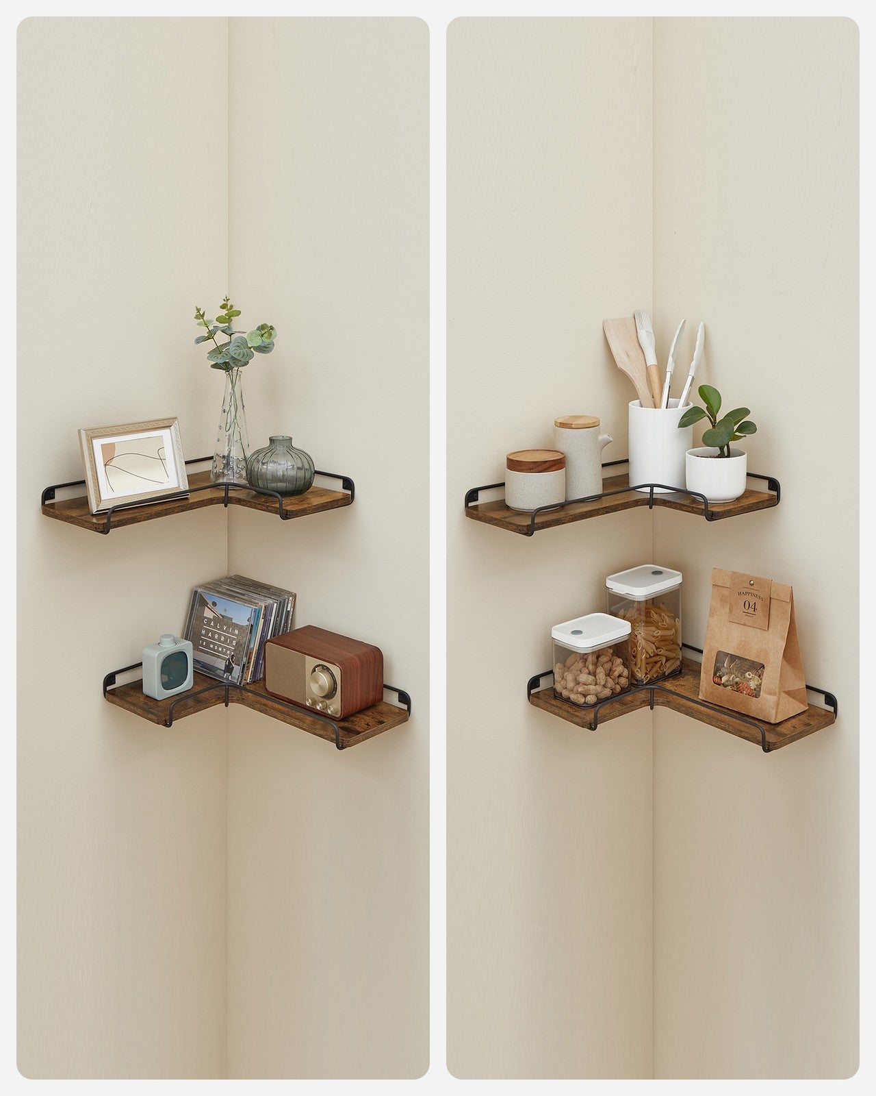 Industrial Floating Corner Shelves – Wood and Metal – Rustic Brown and Black – Space-Saving L-Shaped Design