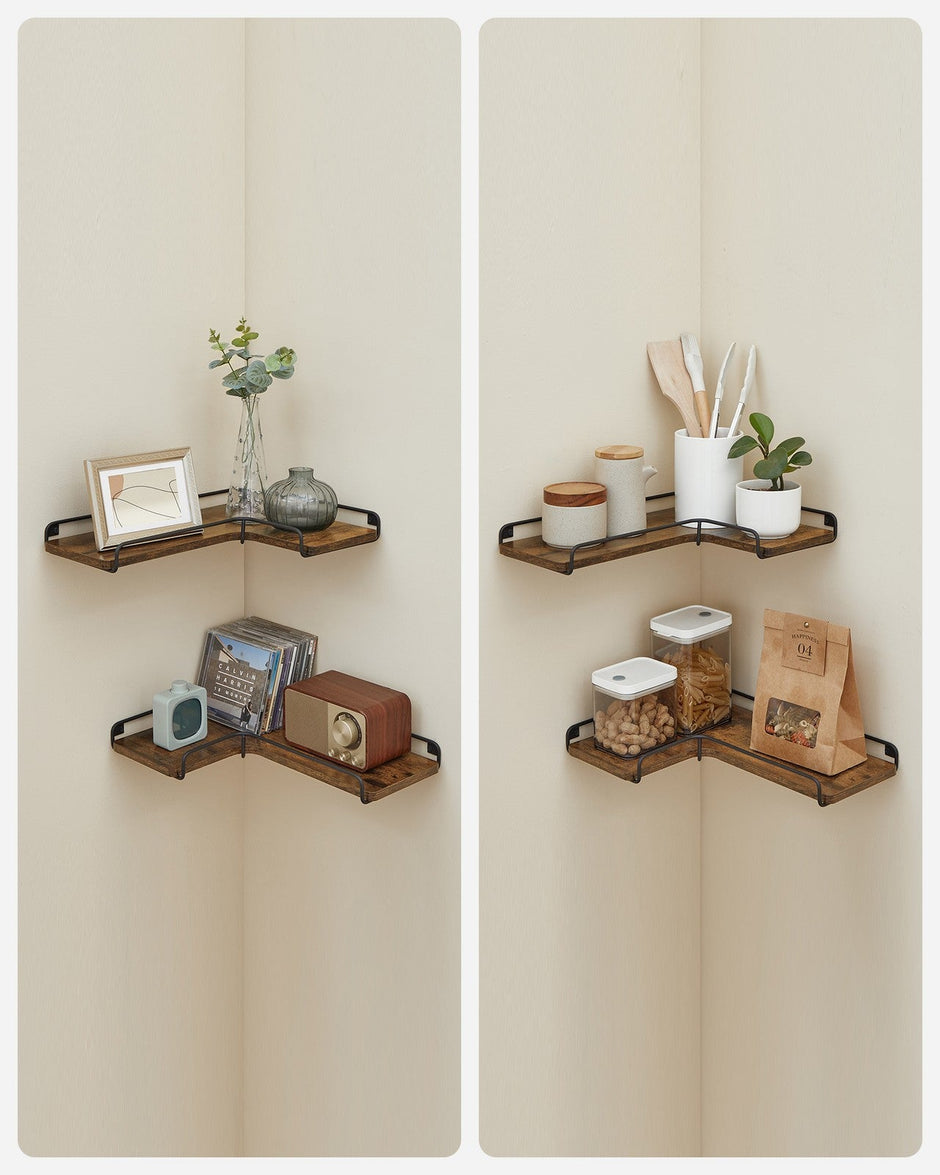 Industrial Floating Corner Shelves – Wood and Metal – Rustic Brown and Black – Space-Saving L-Shaped Design