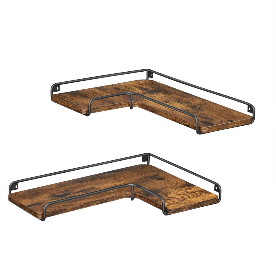 Industrial Floating Corner Shelves – Wood and Metal – Rustic Brown and Black – Space-Saving L-Shaped Design