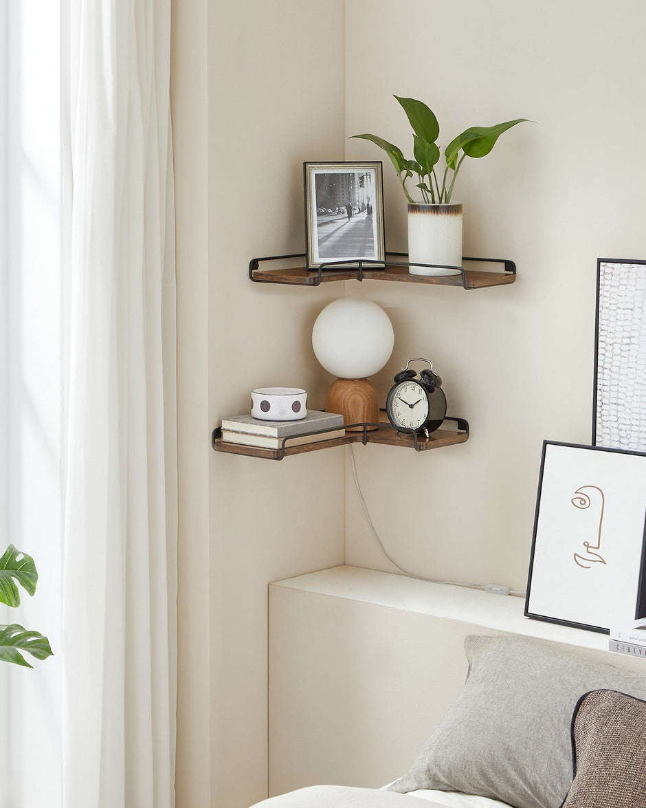 Industrial Floating Corner Shelves – Wood and Metal – Rustic Brown and Black – Space-Saving L-Shaped Design