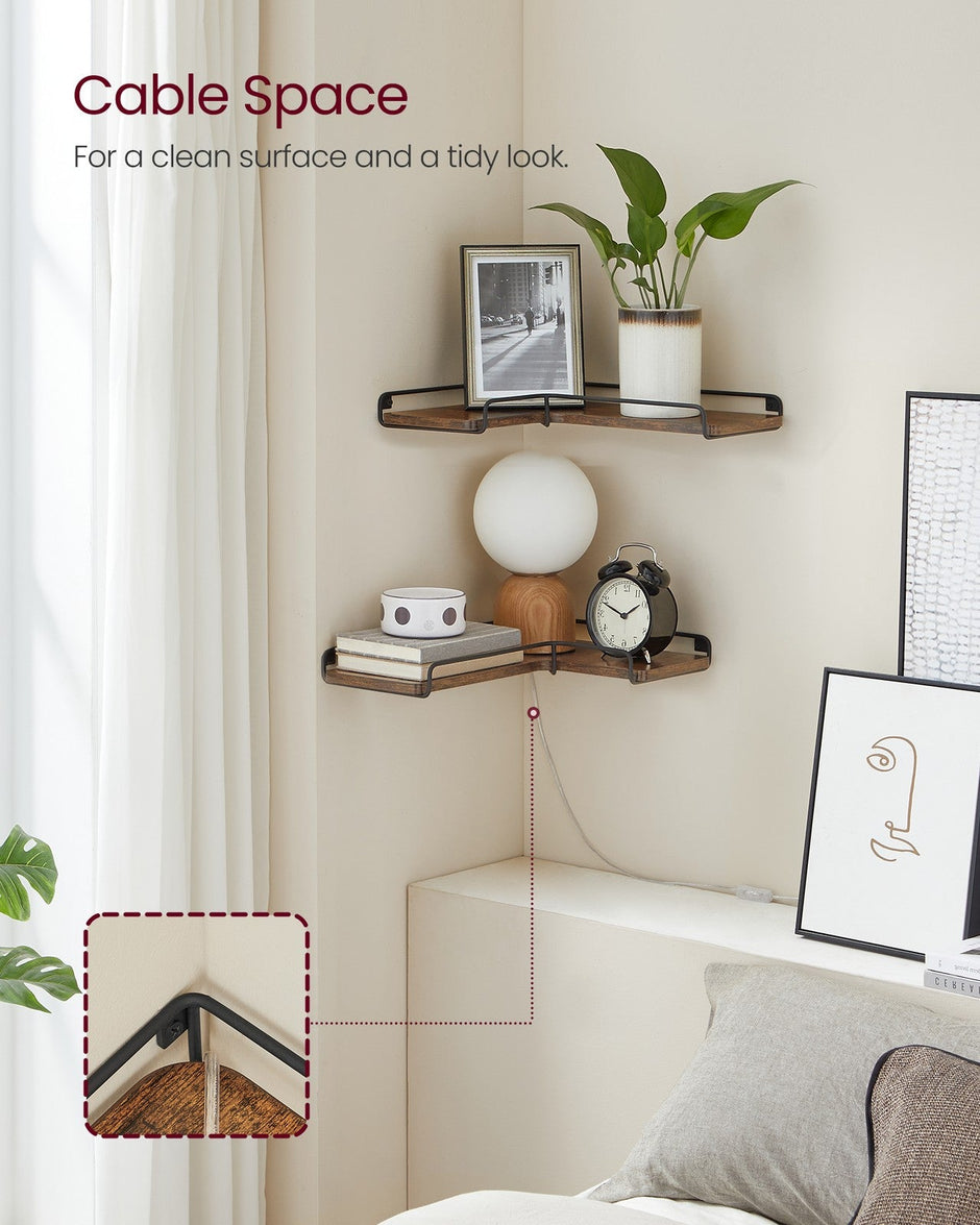 Industrial Floating Corner Shelves – Wood and Metal – Rustic Brown and Black – Space-Saving L-Shaped Design