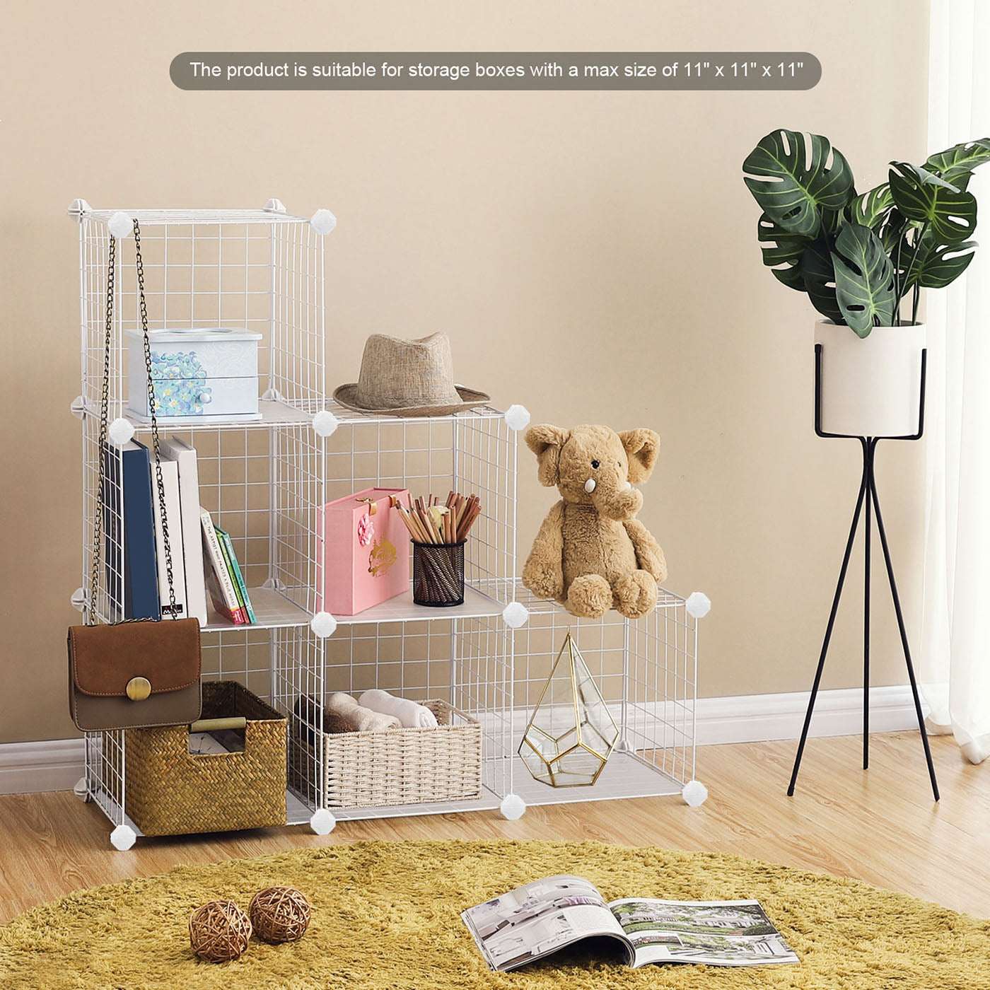 Metal Wire Storage Rack – White – Interlocking 6-Cube Design for Versatile Organization