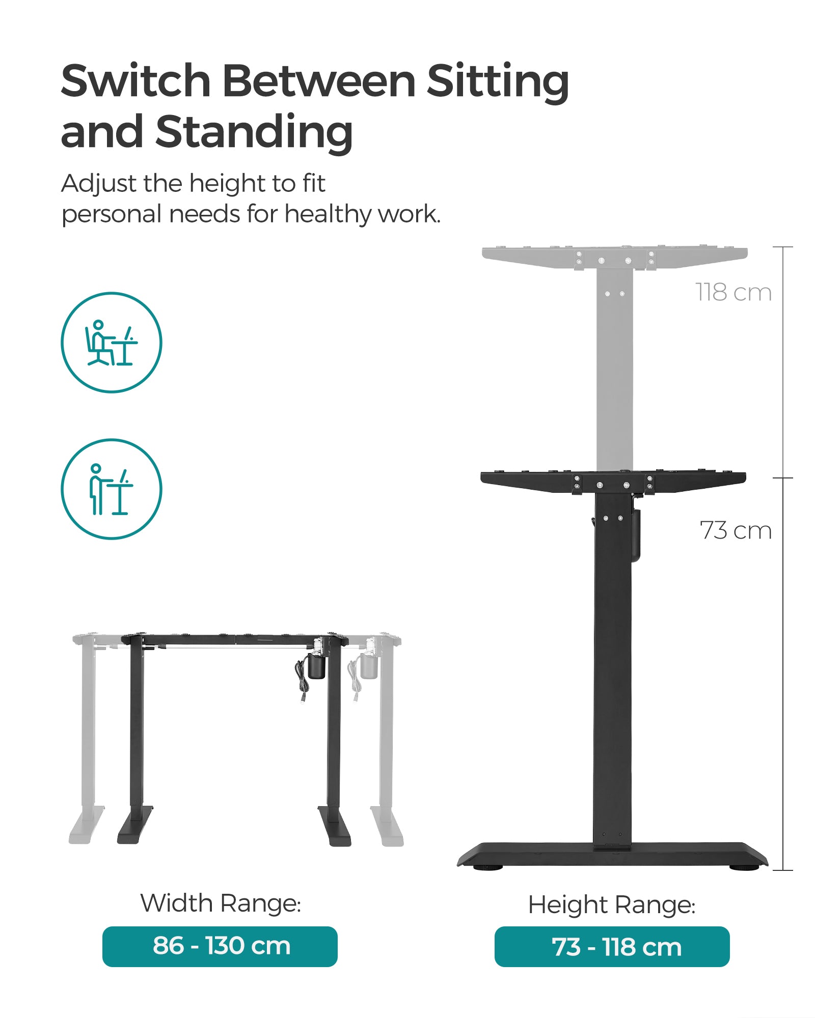 Electric Standing Desk Frame – Steel – Black – Continuous Height Adjustment with Memory Function