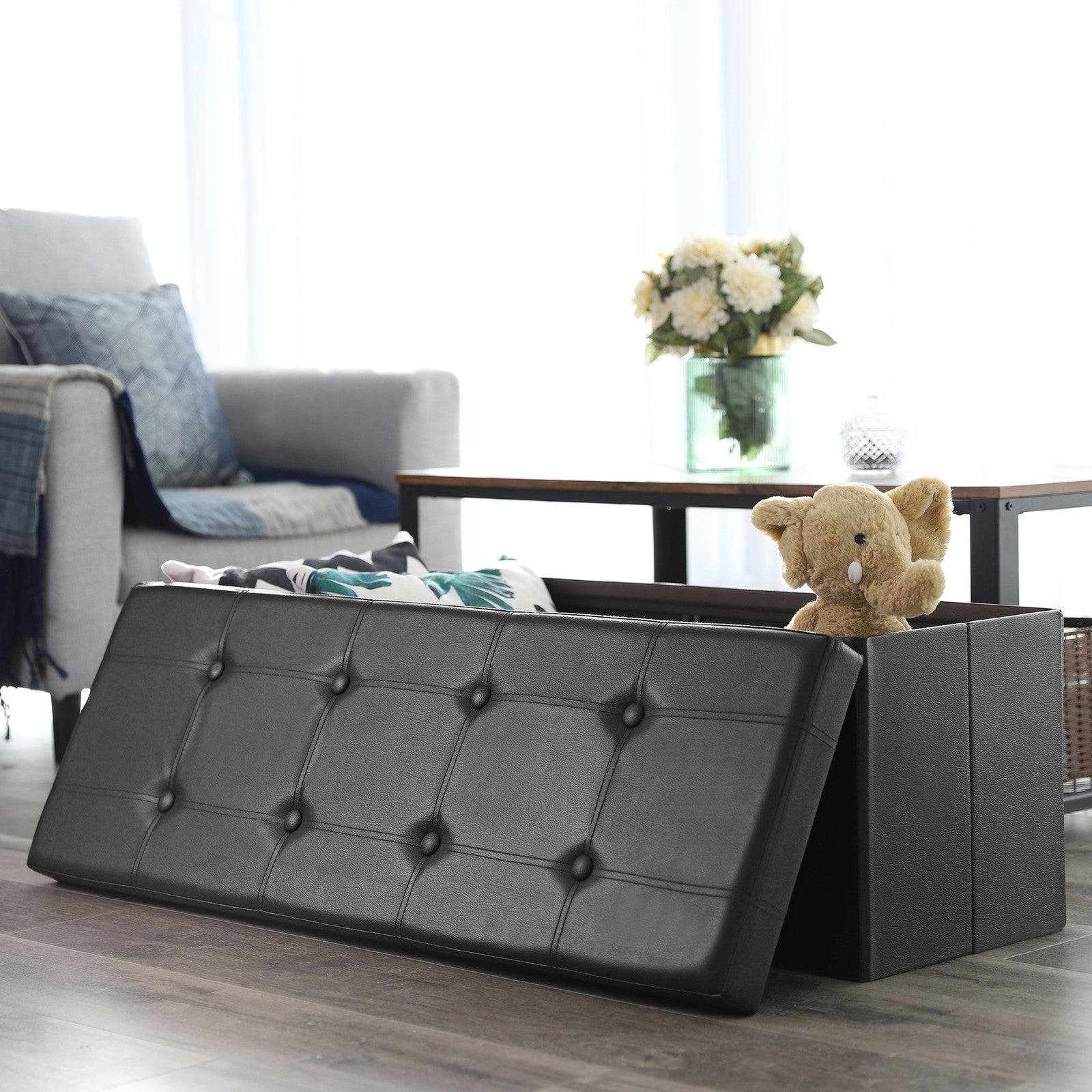 Cube Ottoman – Fabric – Ink Black – Foldable with Storage and 300kg Capacity