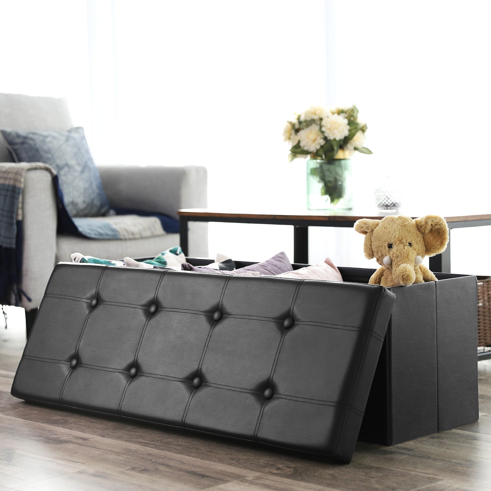 Cube Ottoman – Fabric – Ink Black – Foldable with Storage and 300kg Capacity