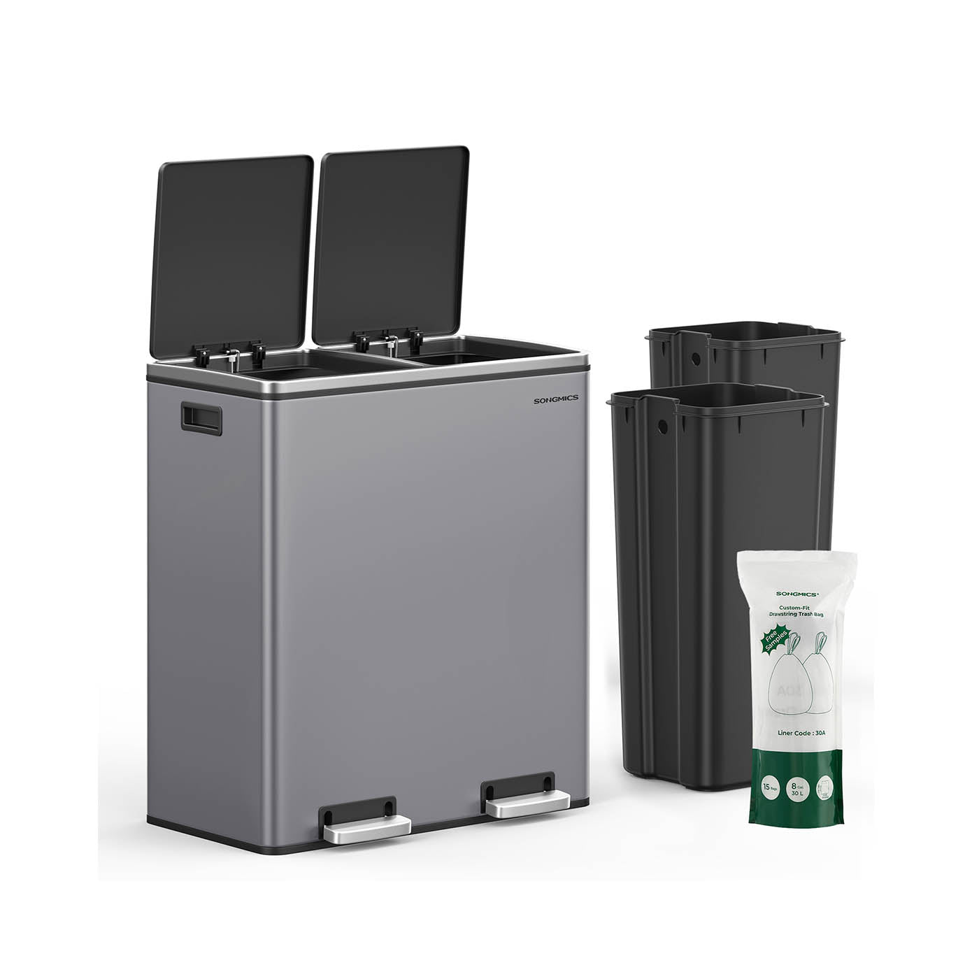 Dual Compartment Rubbish Bin – Stainless Steel – Slate Grey – Fingerprint Proof with 15 Rubbish Bags