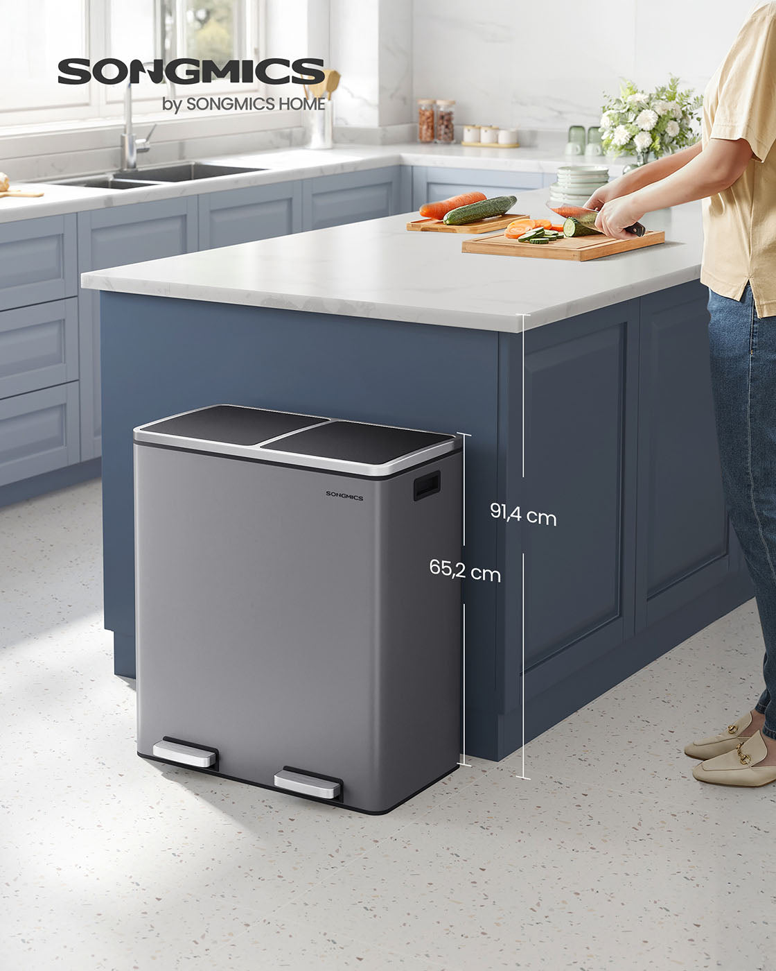 Dual Compartment Rubbish Bin – Plastic – Slate Grey – Soft Close, 2 x 30 L with Pedals and 15 Bin Bags