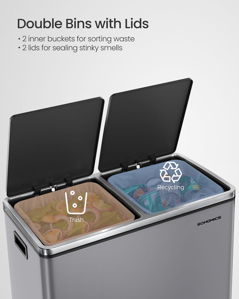 Dual Compartment Rubbish Bin – Plastic – Slate Grey – Soft Close, 2 x 30 L with Pedals and 15 Bin Bags