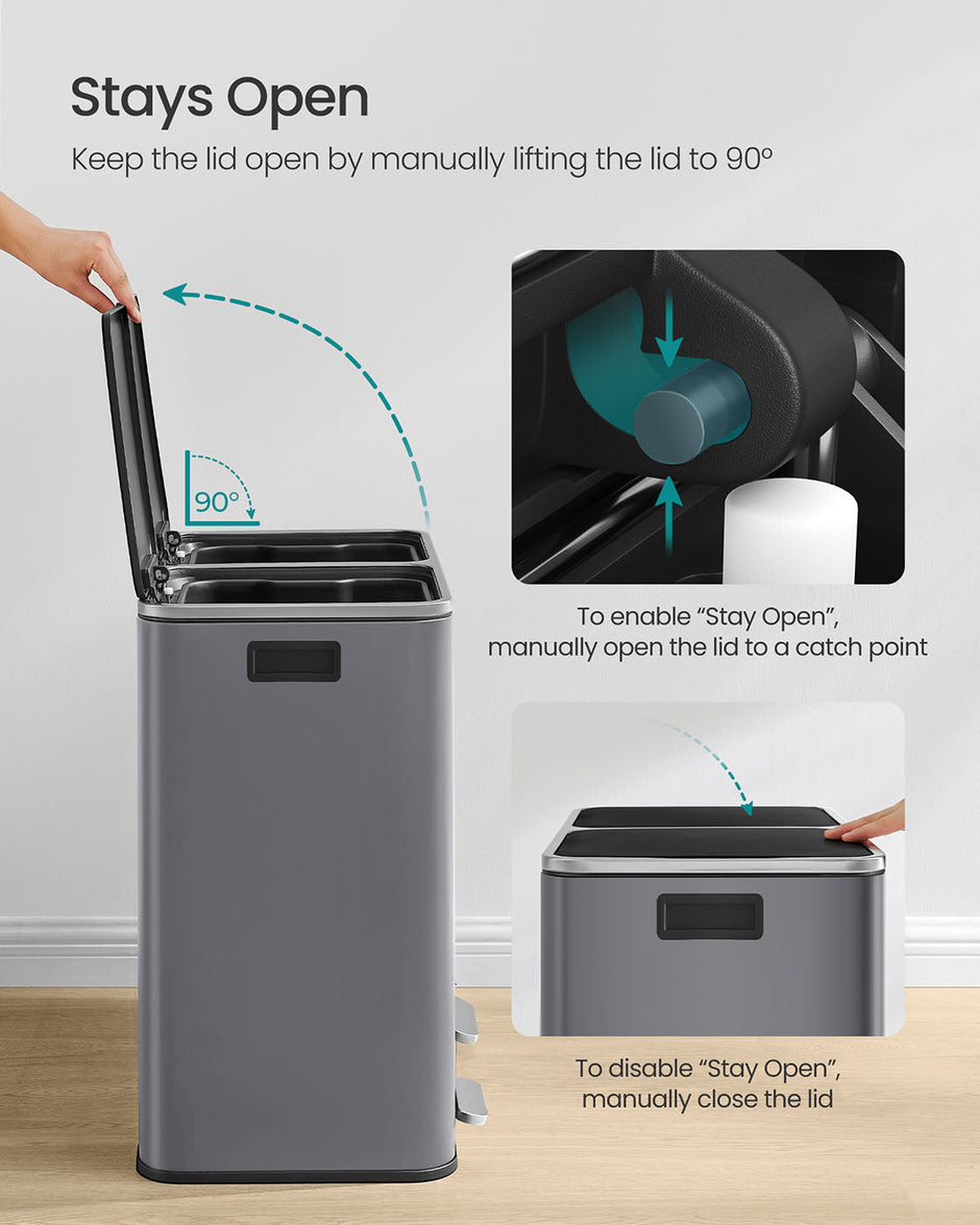 Dual Compartment Rubbish Bin – Stainless Steel – Slate Grey – Fingerprint Proof with 15 Rubbish Bags