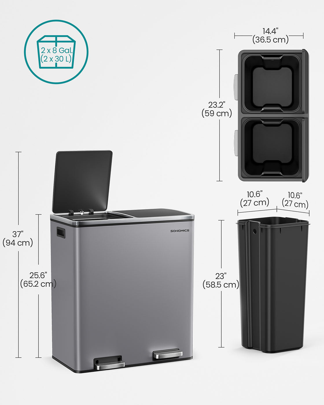 Dual Compartment Rubbish Bin – Stainless Steel – Slate Grey – Fingerprint Proof with 15 Rubbish Bags