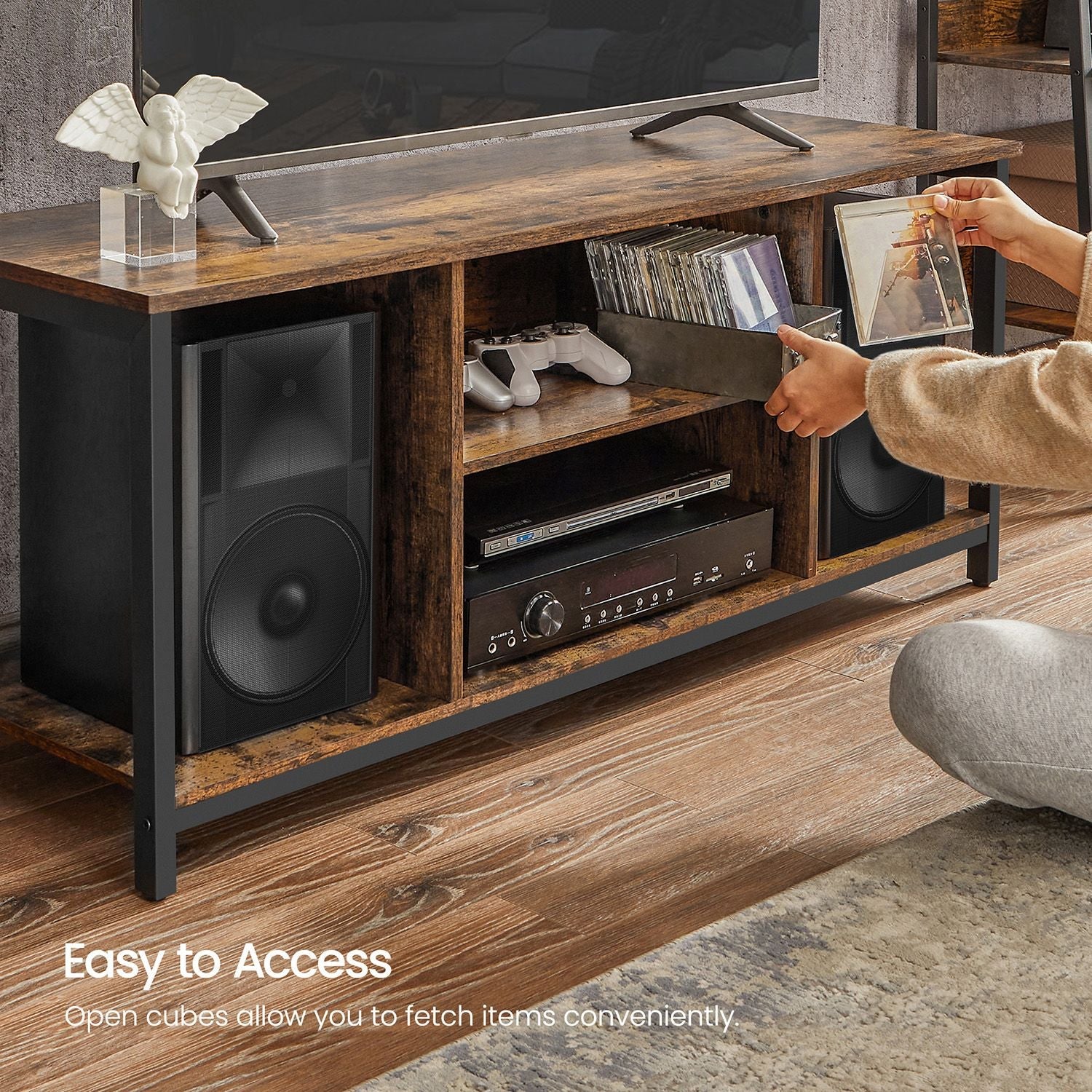 TV Stand – Wood – Rustic Brown and Black – Open Shelves for Up to 60 Inches